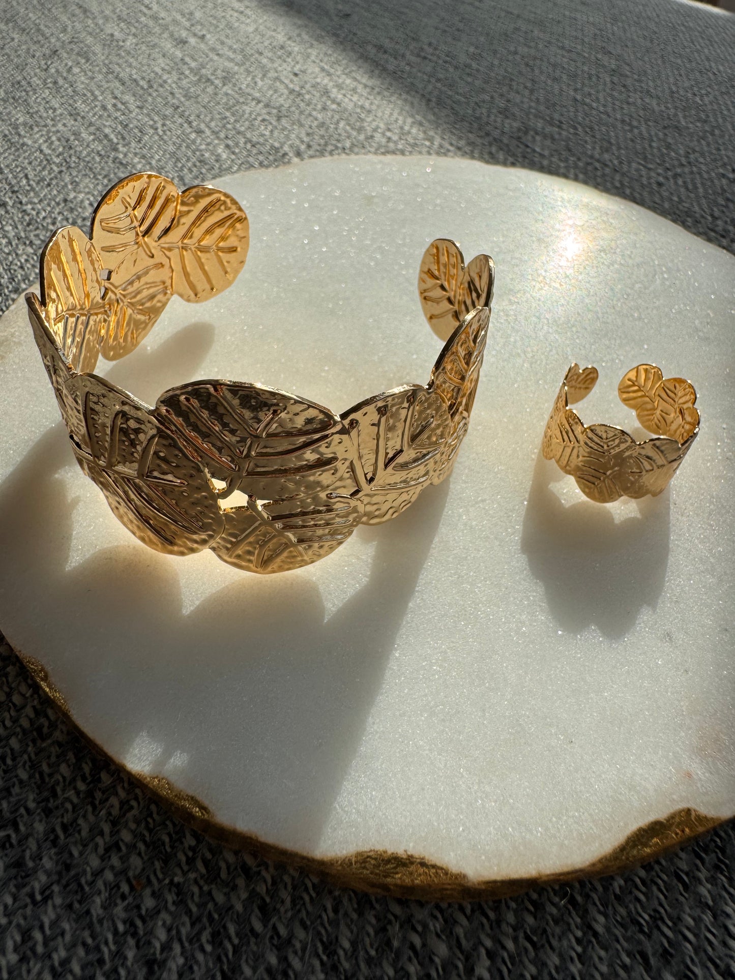 Golden Leaf Statement Bracelet and Ring