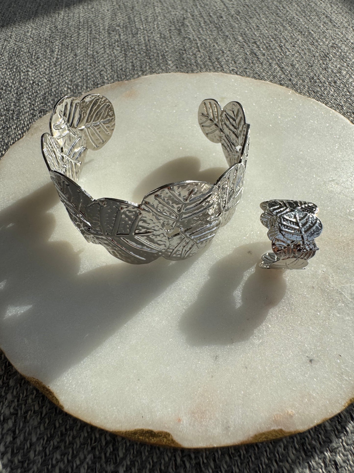 Silver Leaf Statement Bracelet and the Ring