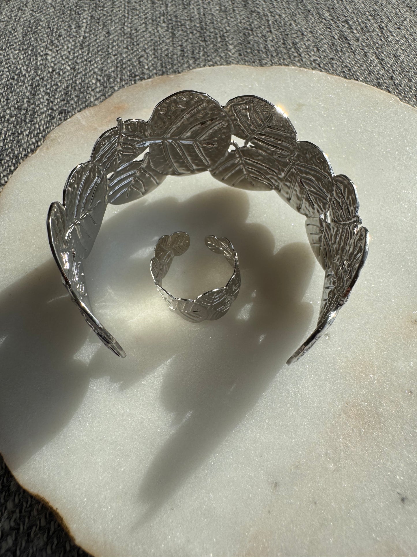 Silver Leaf Statement Bracelet and the Ring