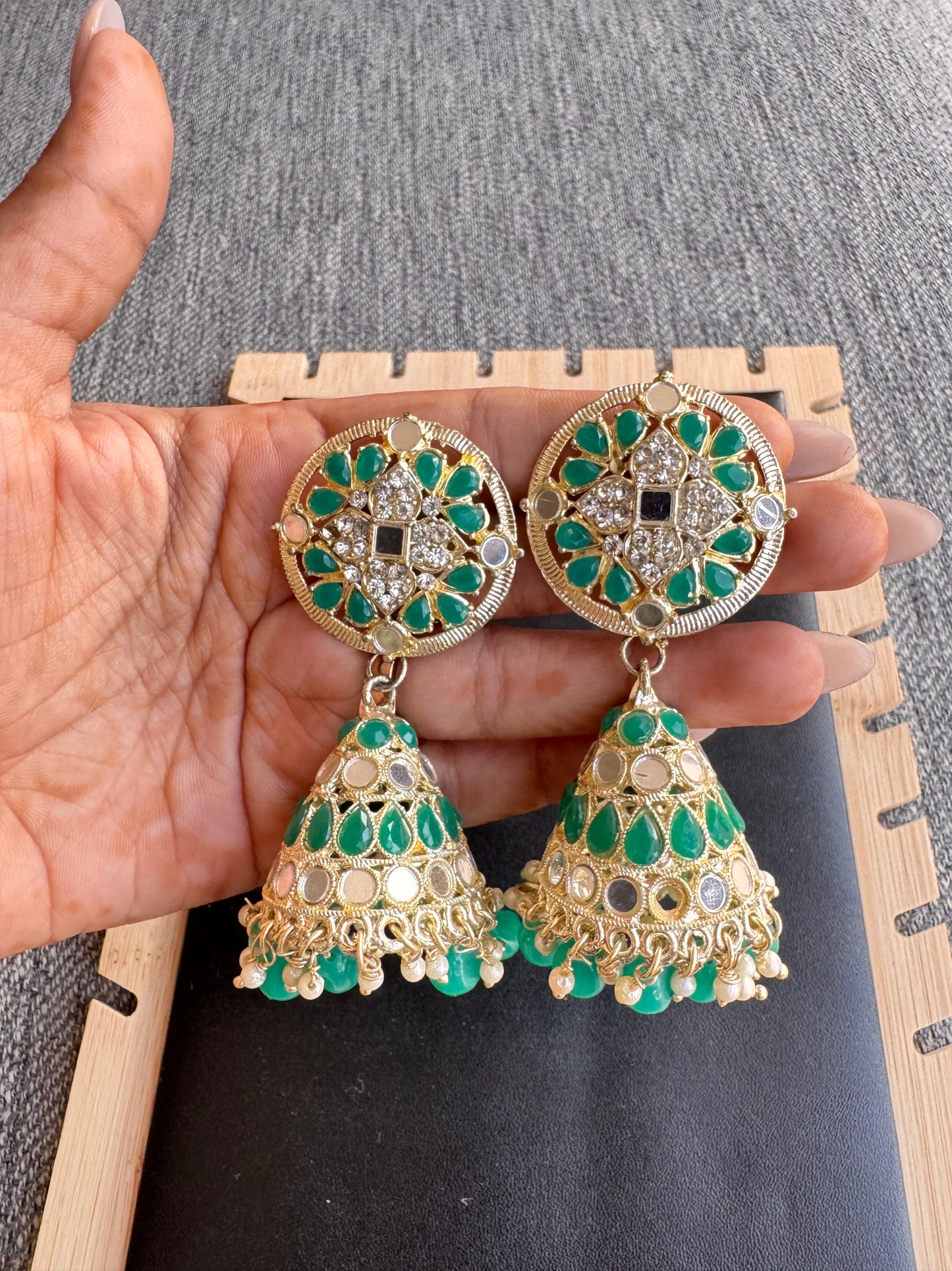 The Emerald Bloom Mirror Jhumkas