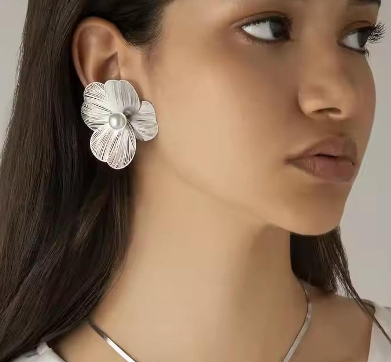 Silver Bloom Petal Earrings with Pearl Center