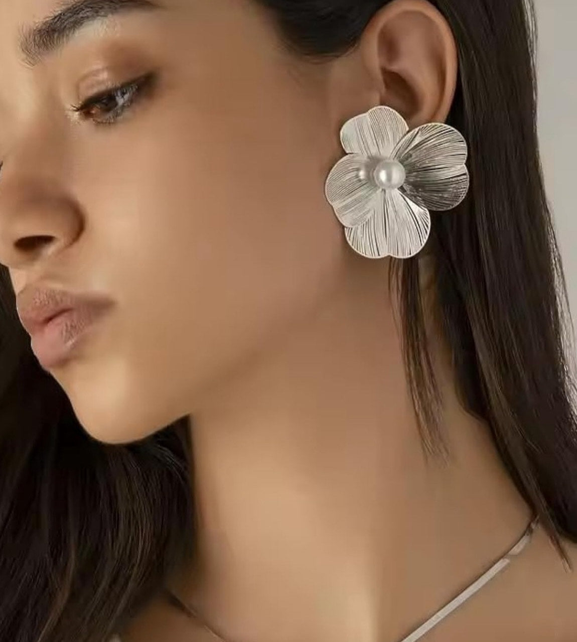 Silver Bloom Petal Earrings with Pearl Center