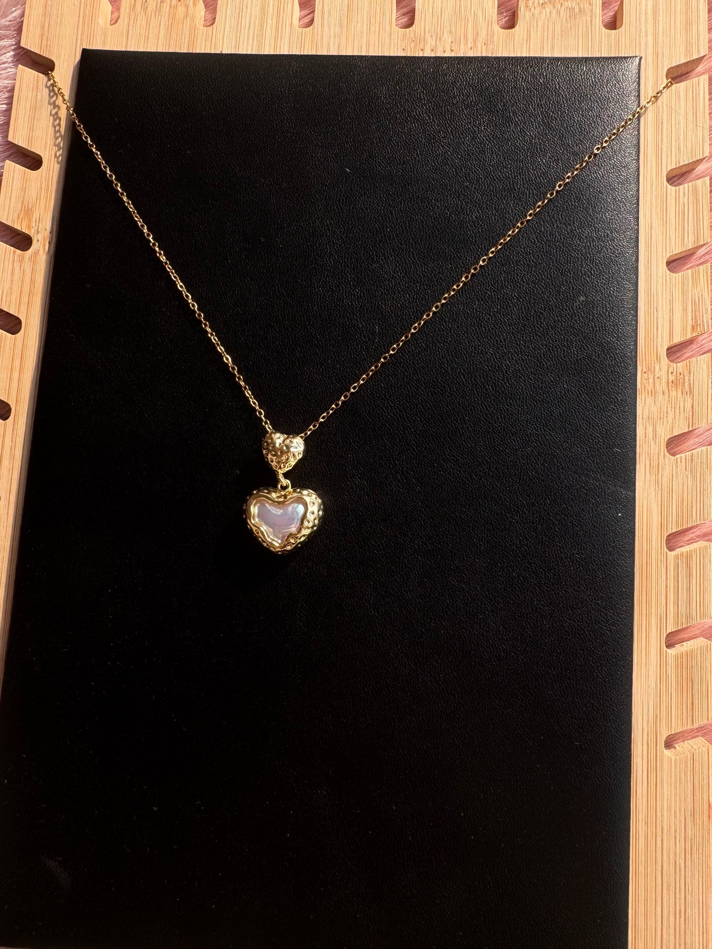Iridescent Heart Drop Necklace – Textured Gold