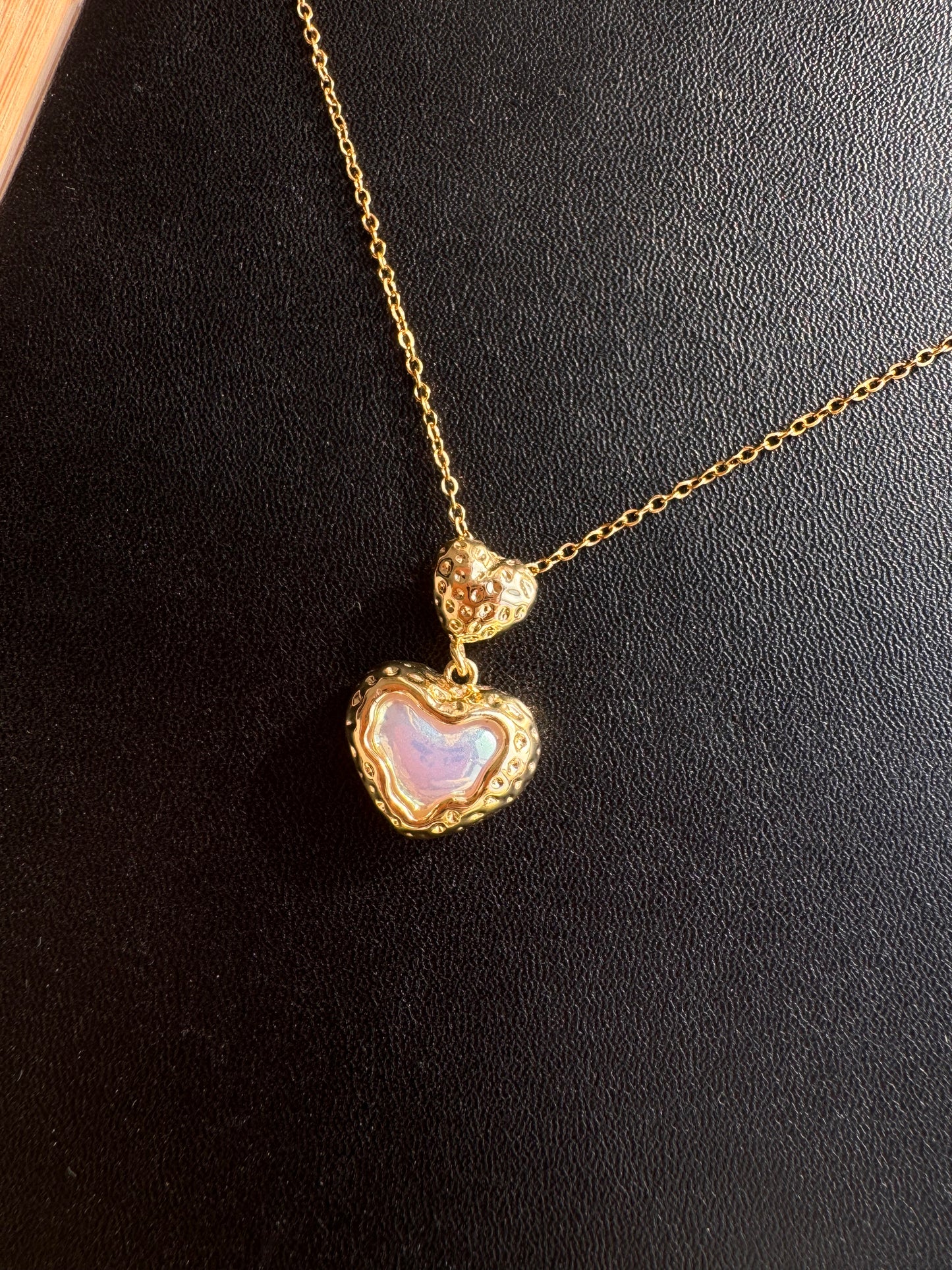 Iridescent Heart Drop Necklace – Textured Gold