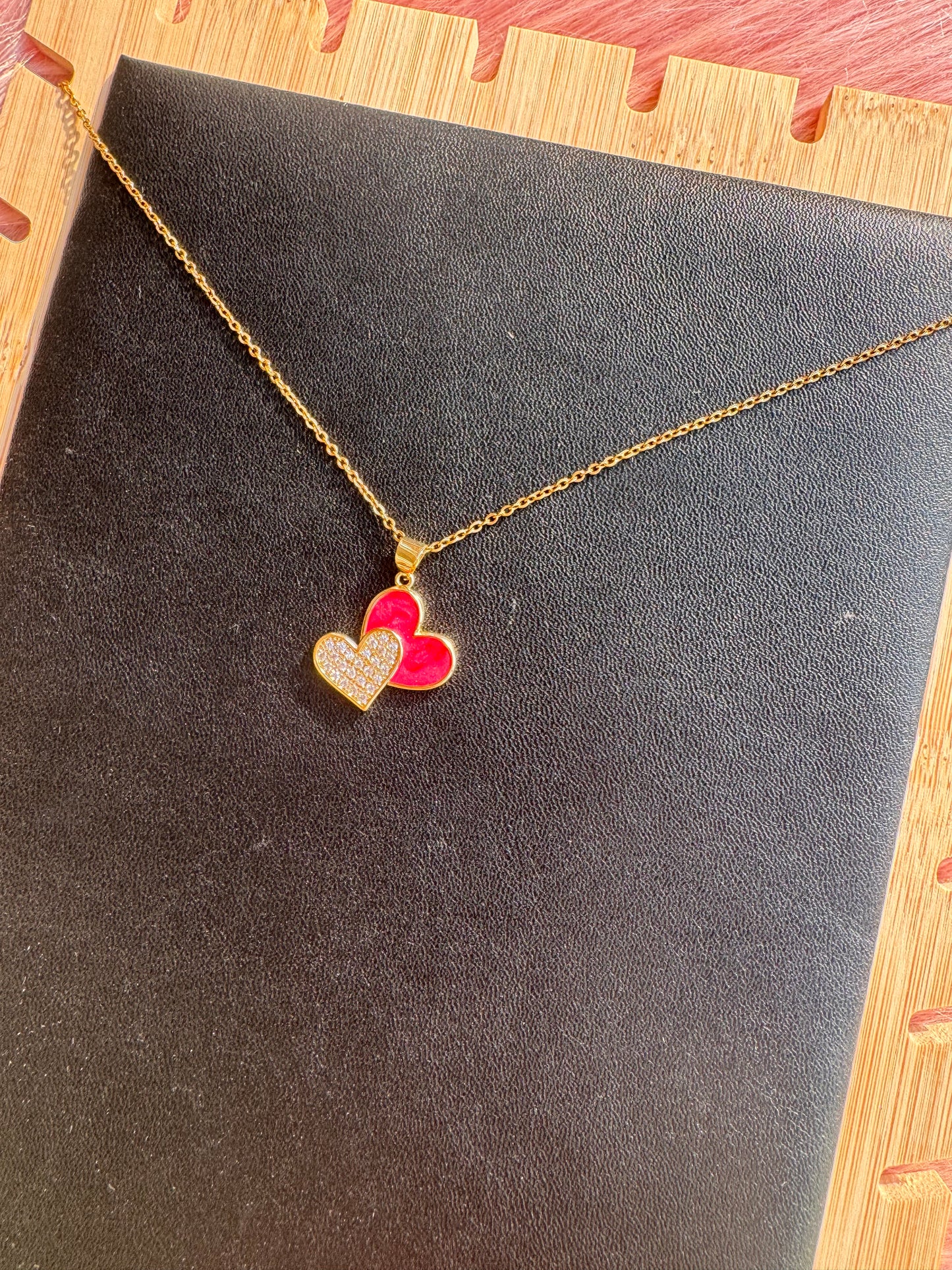 Twin Heart Pendant Necklace – Pink & Crystal