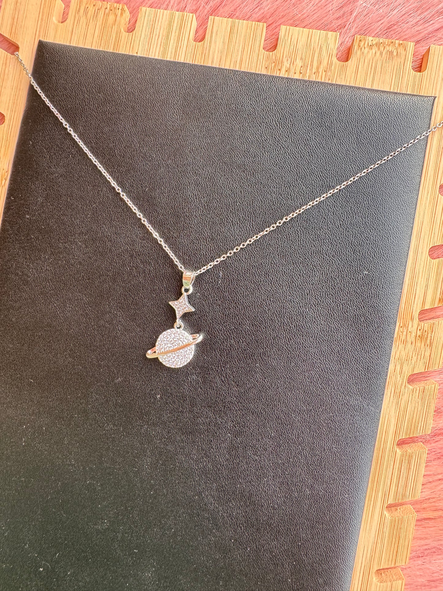 Crystal Saturn & Star Pendant Necklace – Silver