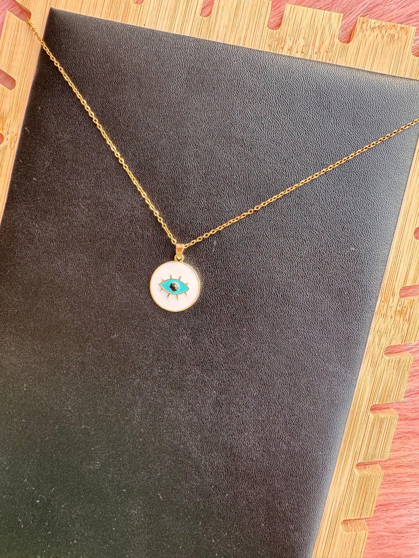 Enamel Evil Eye Pendant Necklace – White & Turquoise