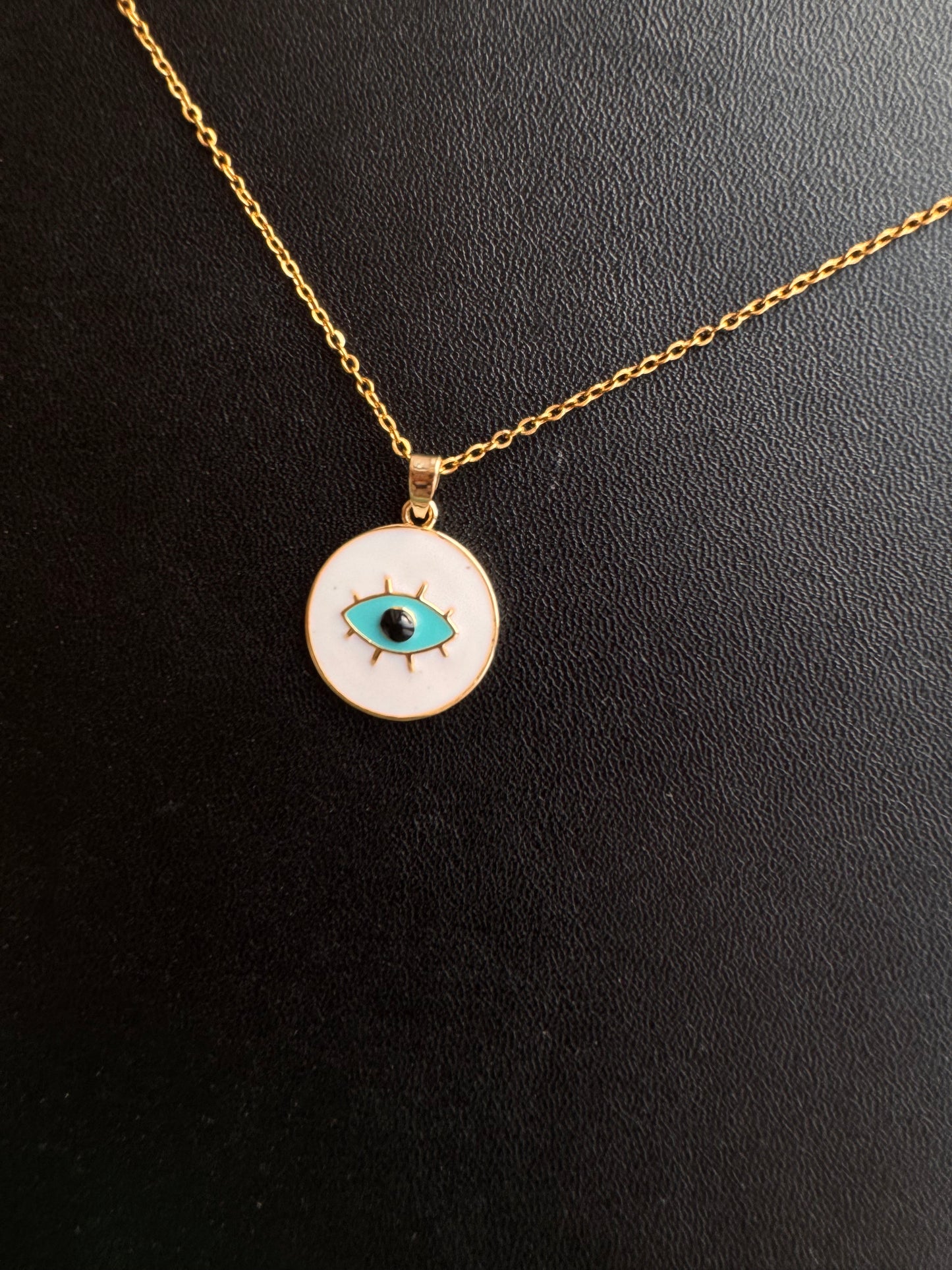 Enamel Evil Eye Pendant Necklace – White & Turquoise