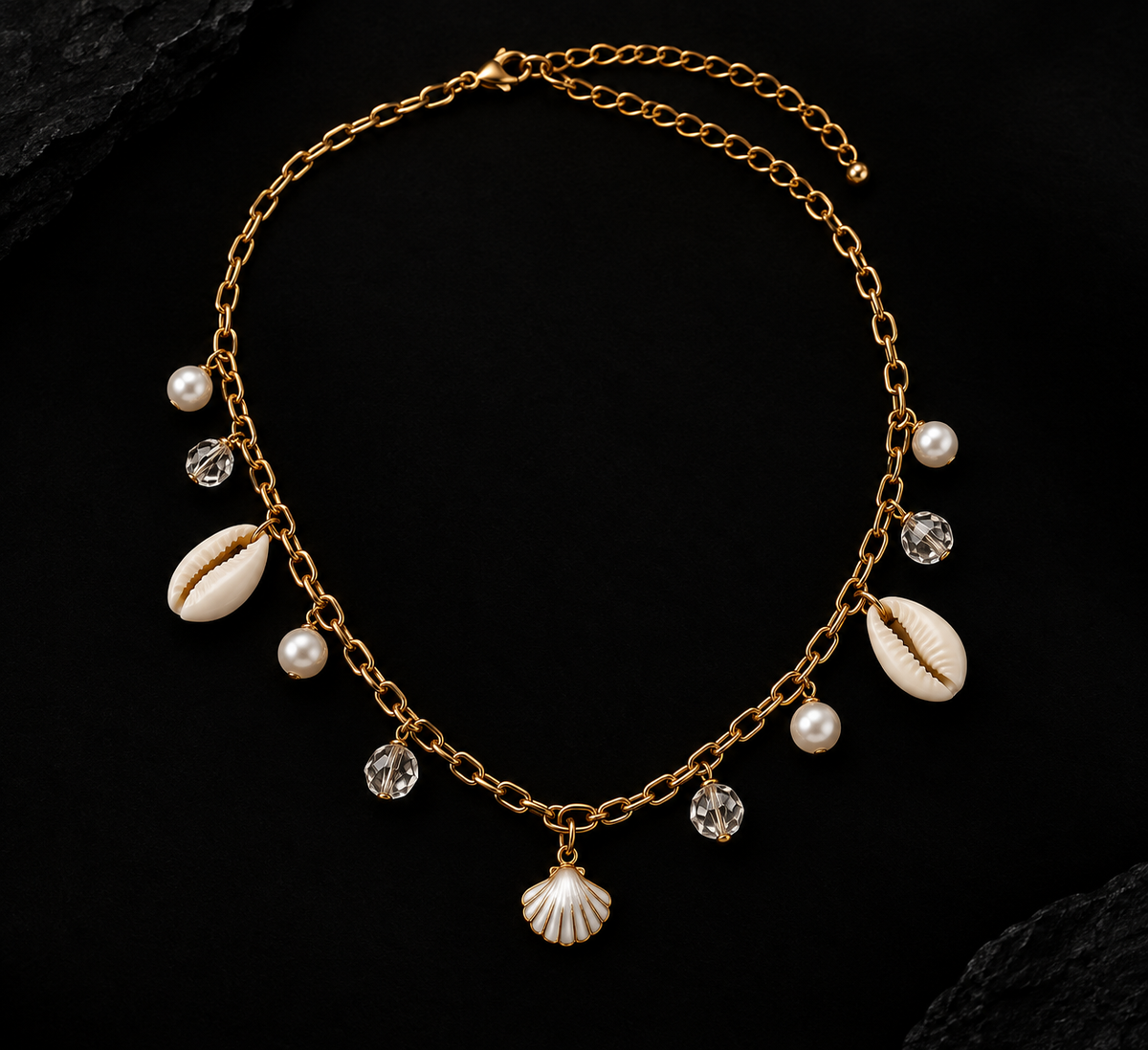 Golden Seashell & Pearl Charm Necklace