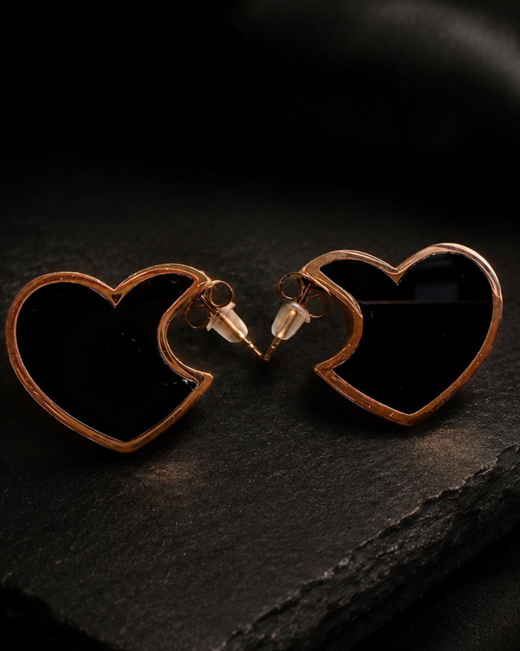 The Noir Enamel Heart Rose-Gold Studs