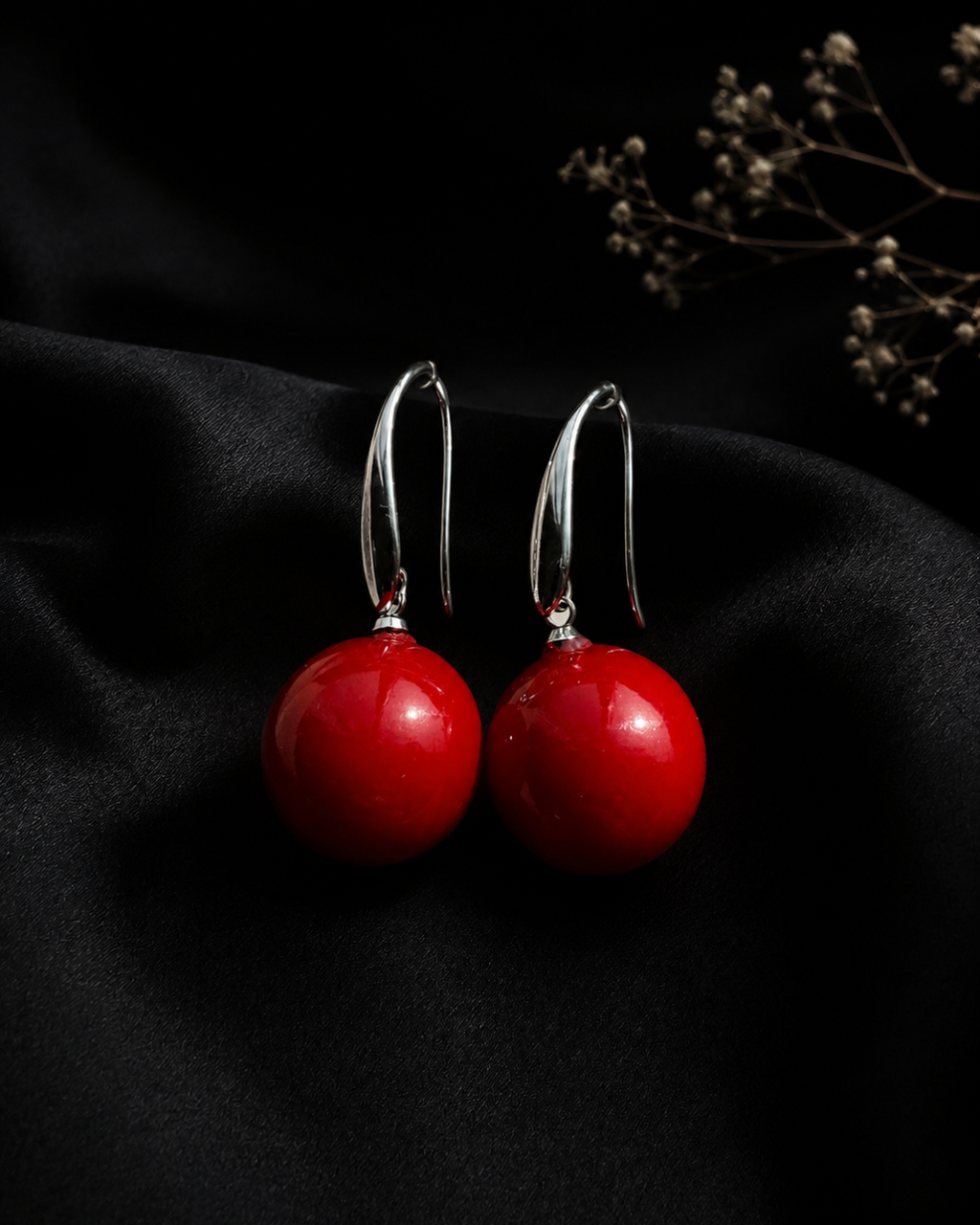 Scarlet Orb Silver Drop Earrings