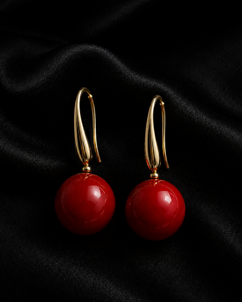 Scarlet Orb Gold Drop Earrings
