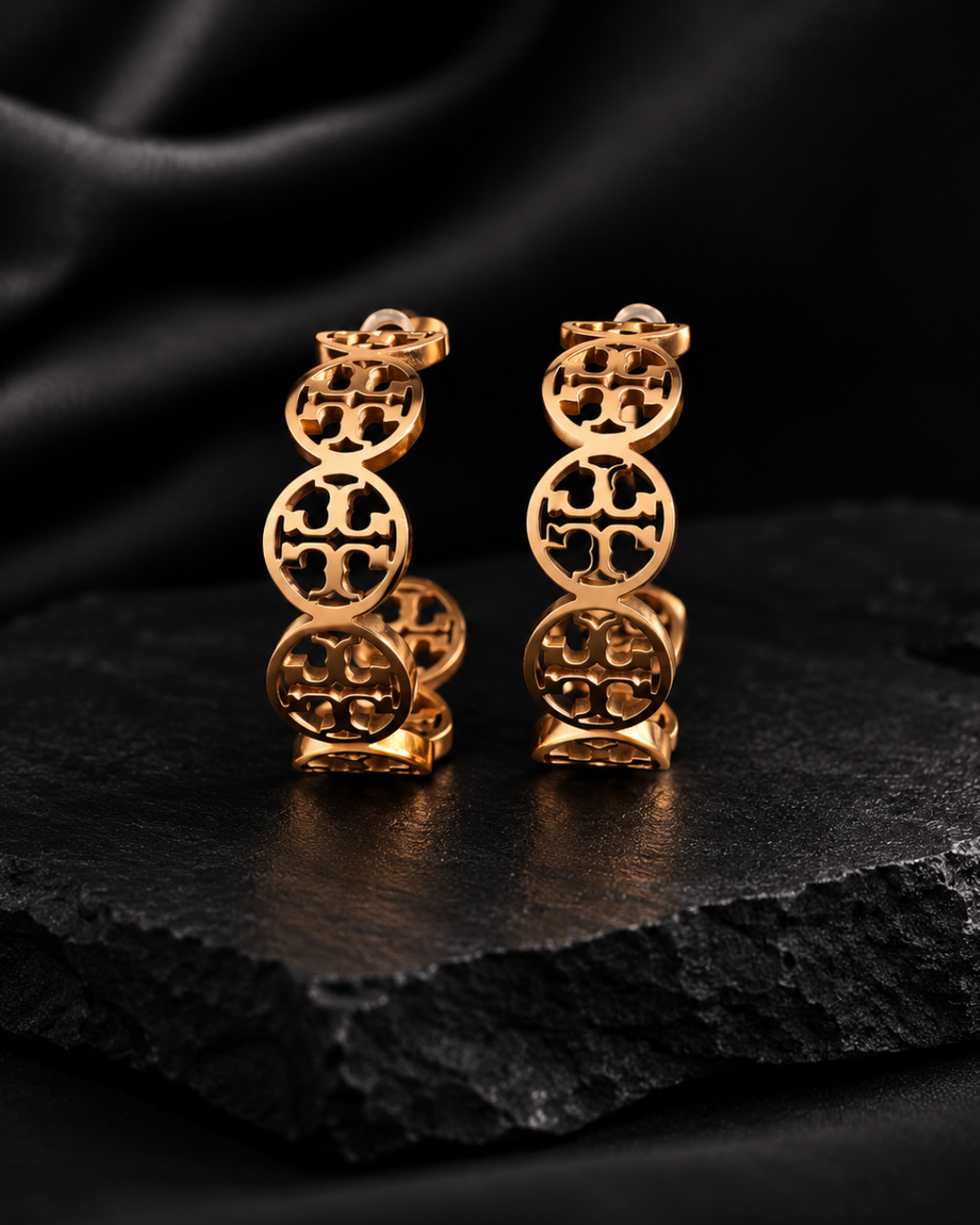 Geometric Medallion Rose Gold Hoop Earrings