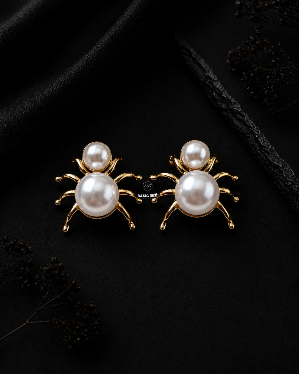 Golden Pearl Spider Studs