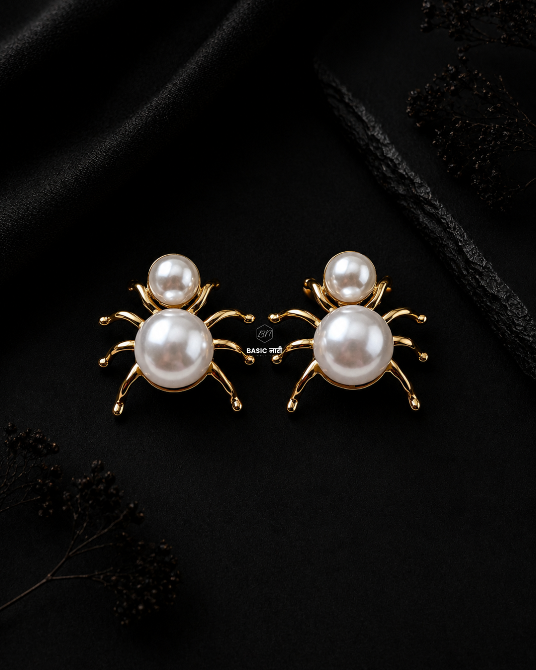 Golden Pearl Spider Studs