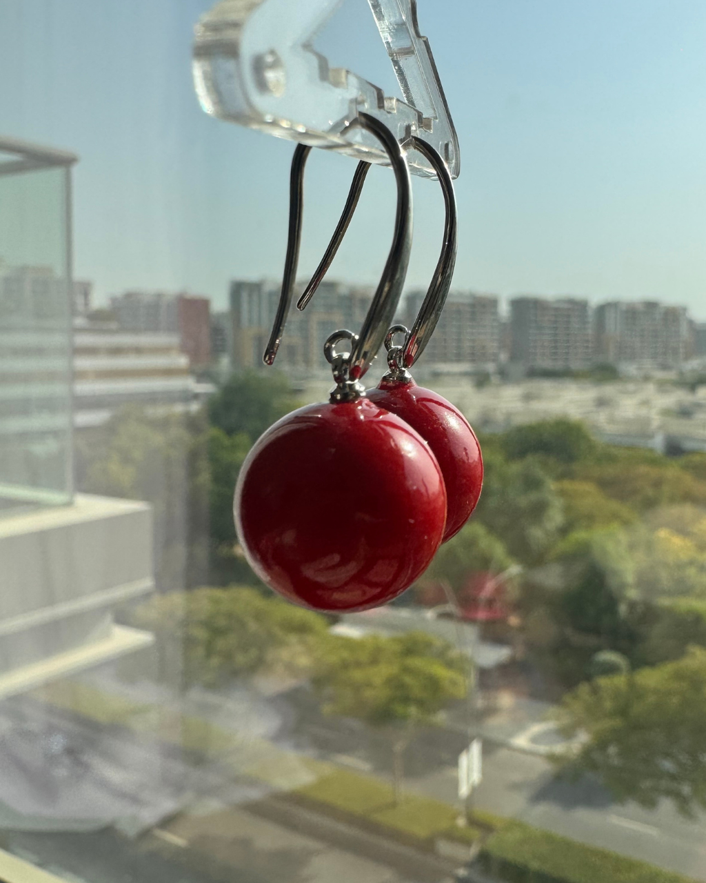 Scarlet Orb Silver Drop Earrings
