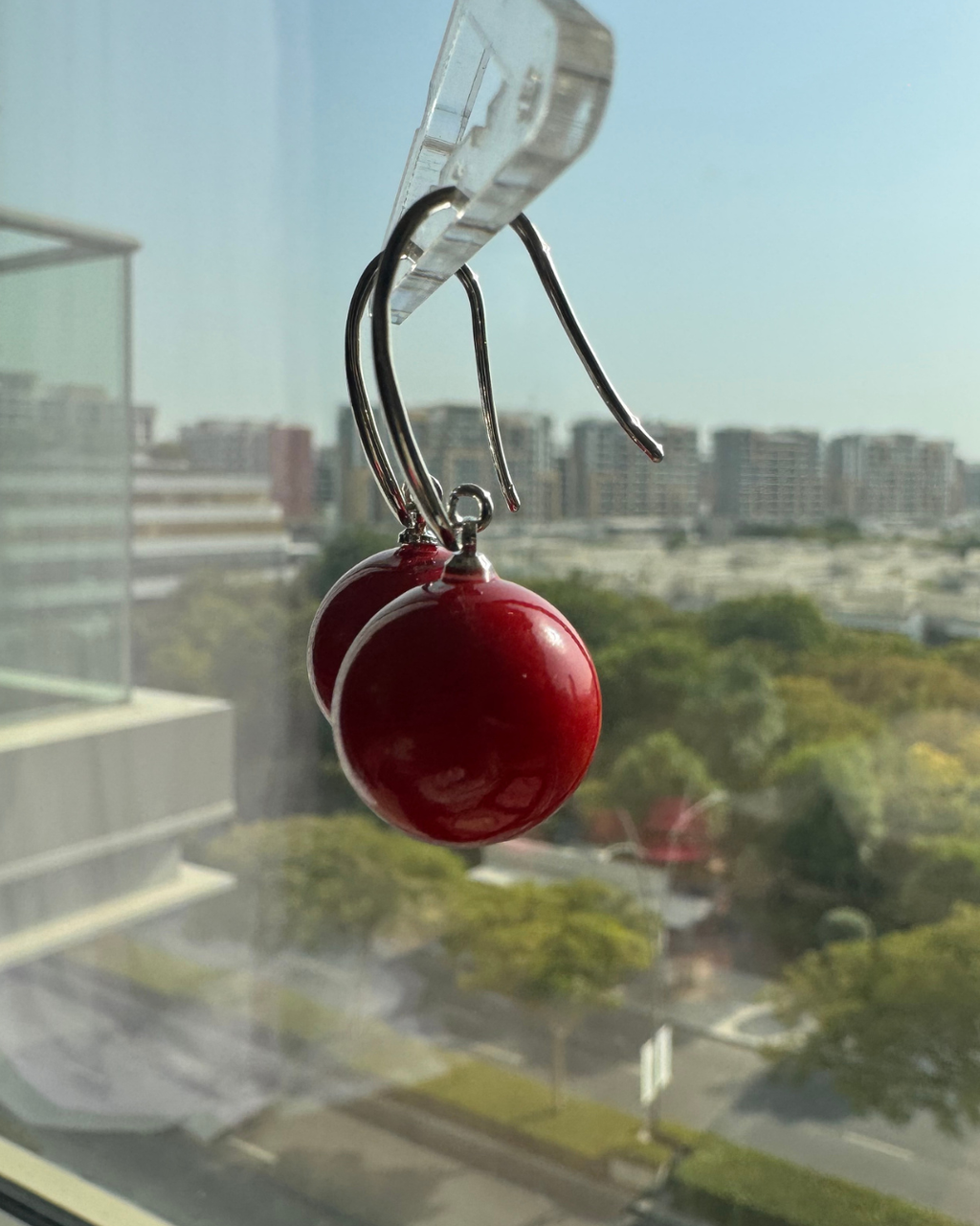Scarlet Orb Silver Drop Earrings