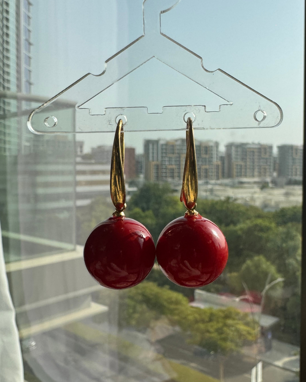 Scarlet Orb Gold Drop Earrings