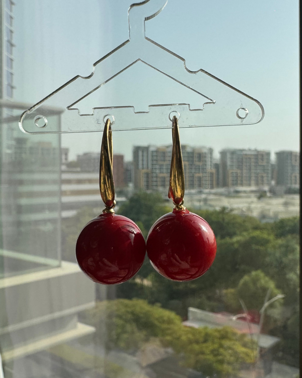 Scarlet Orb Gold Drop Earrings