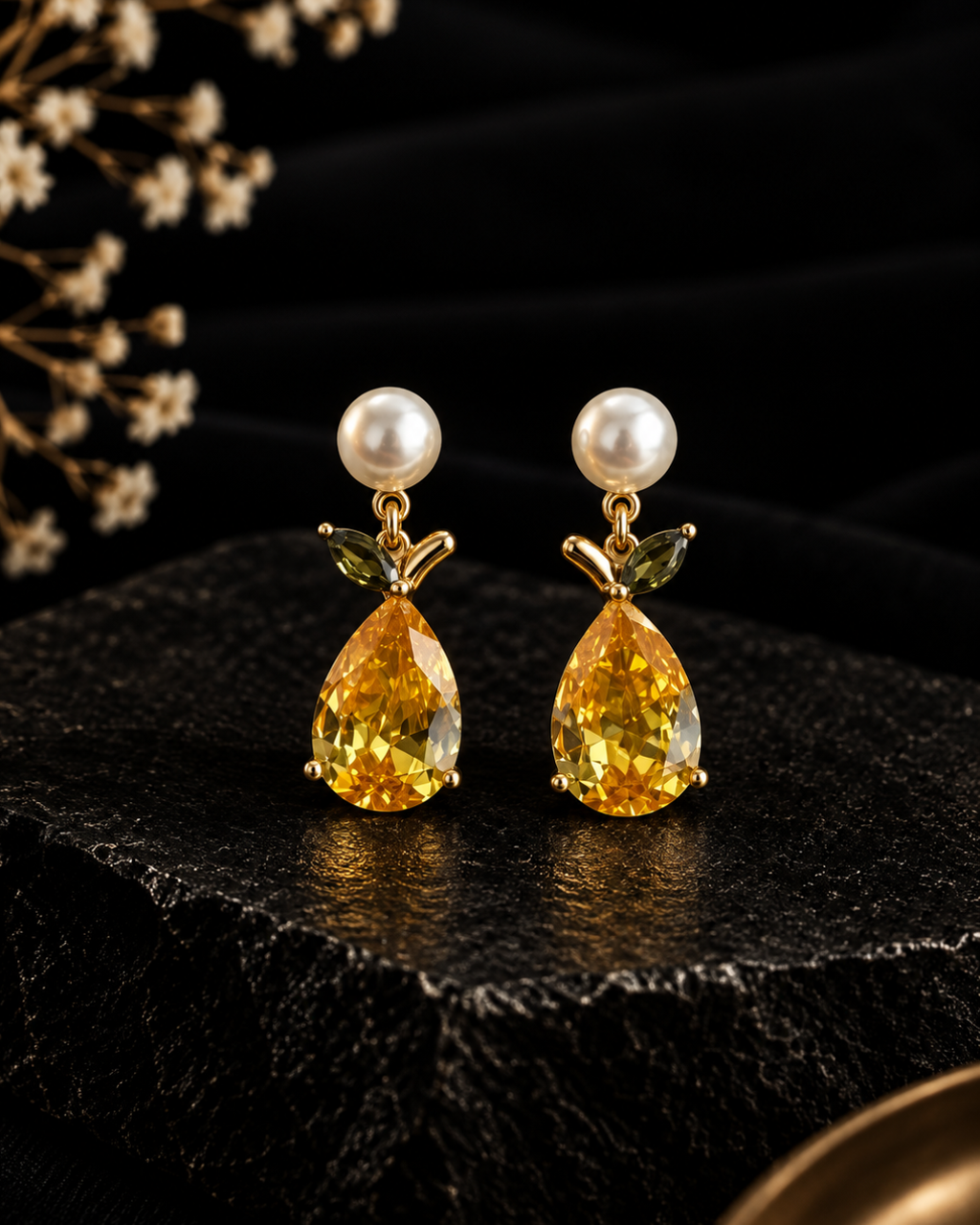 Golden Citrus Pearl Drop Earrings