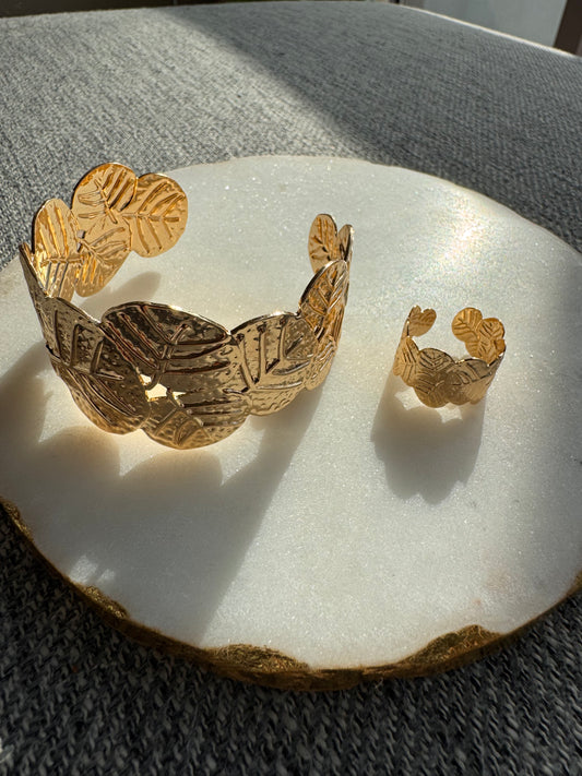 Golden Leaf Statement Bracelet and Ring