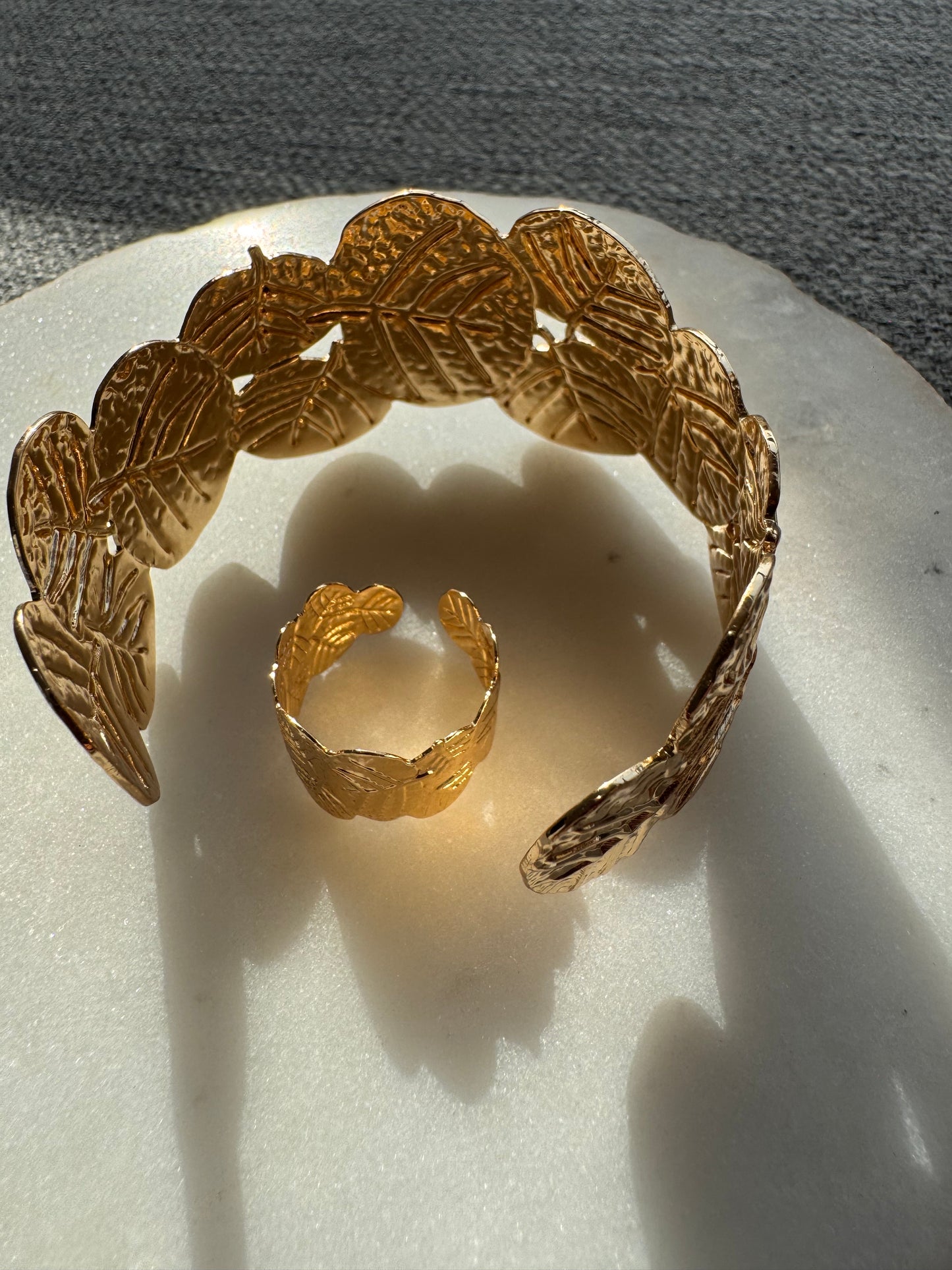 Golden Leaf Statement Bracelet and Ring