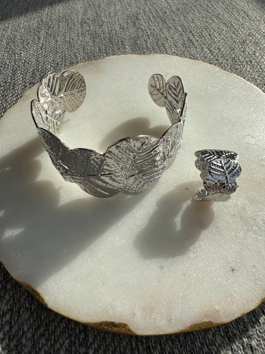Silver Leaf Statement Bracelet and the Ring