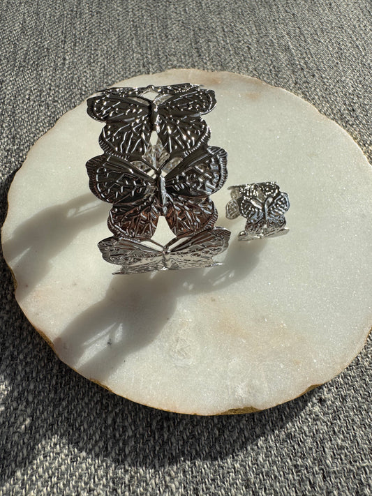 Silver Butterfly Statement Bracelet and Ring