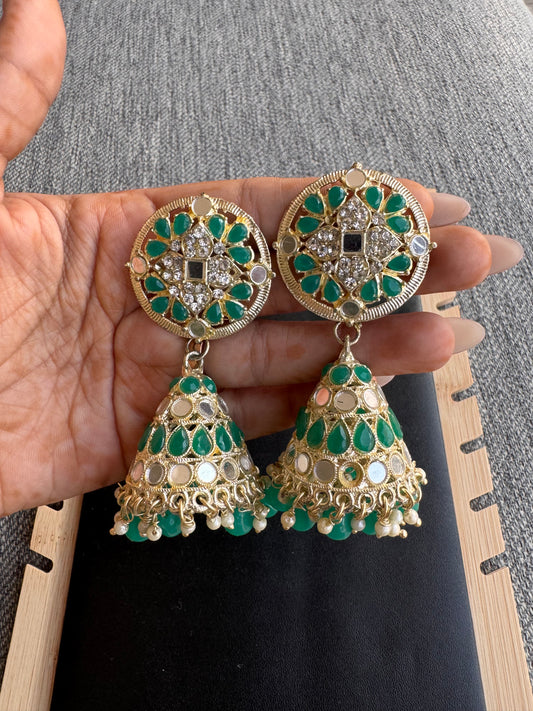 The Emerald Bloom Mirror Jhumkas
