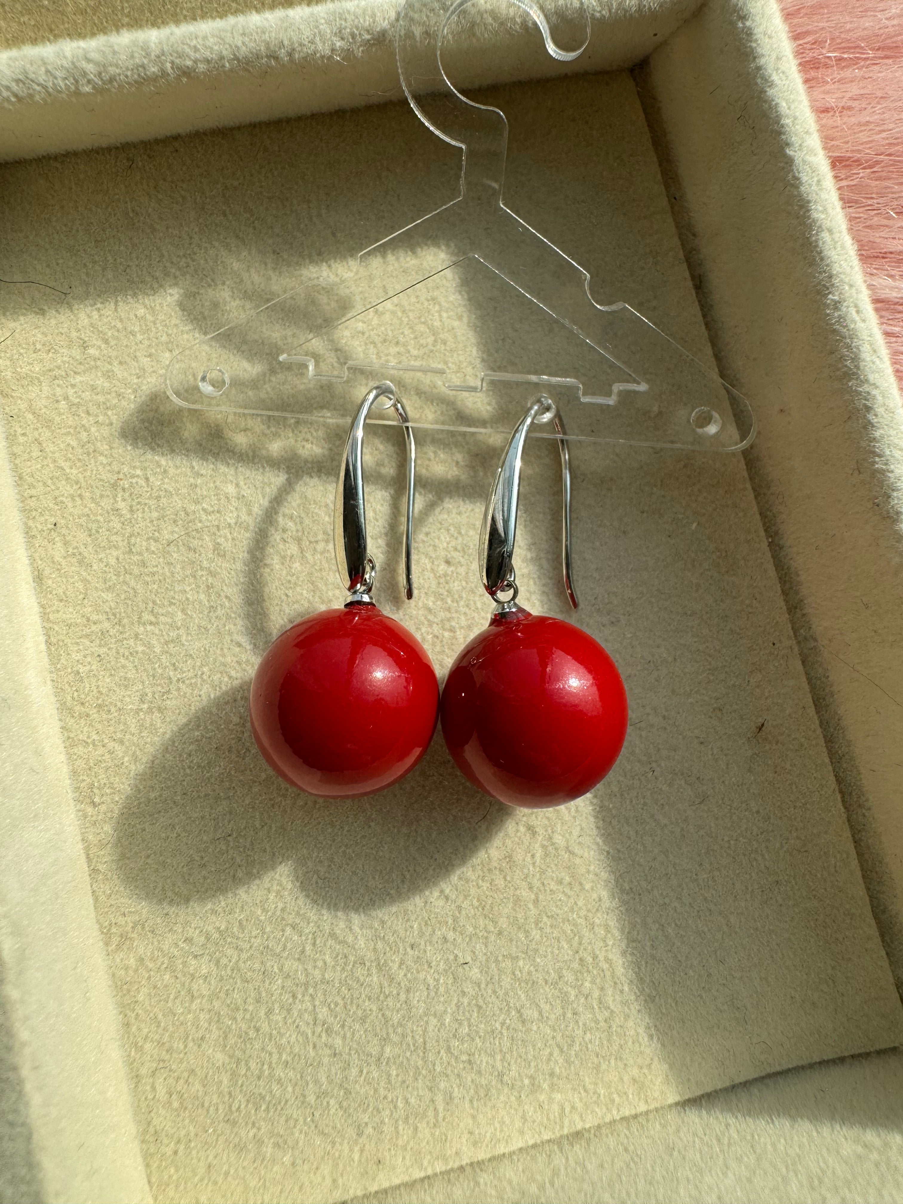 Scarlet Orb Silver Drop Earrings
