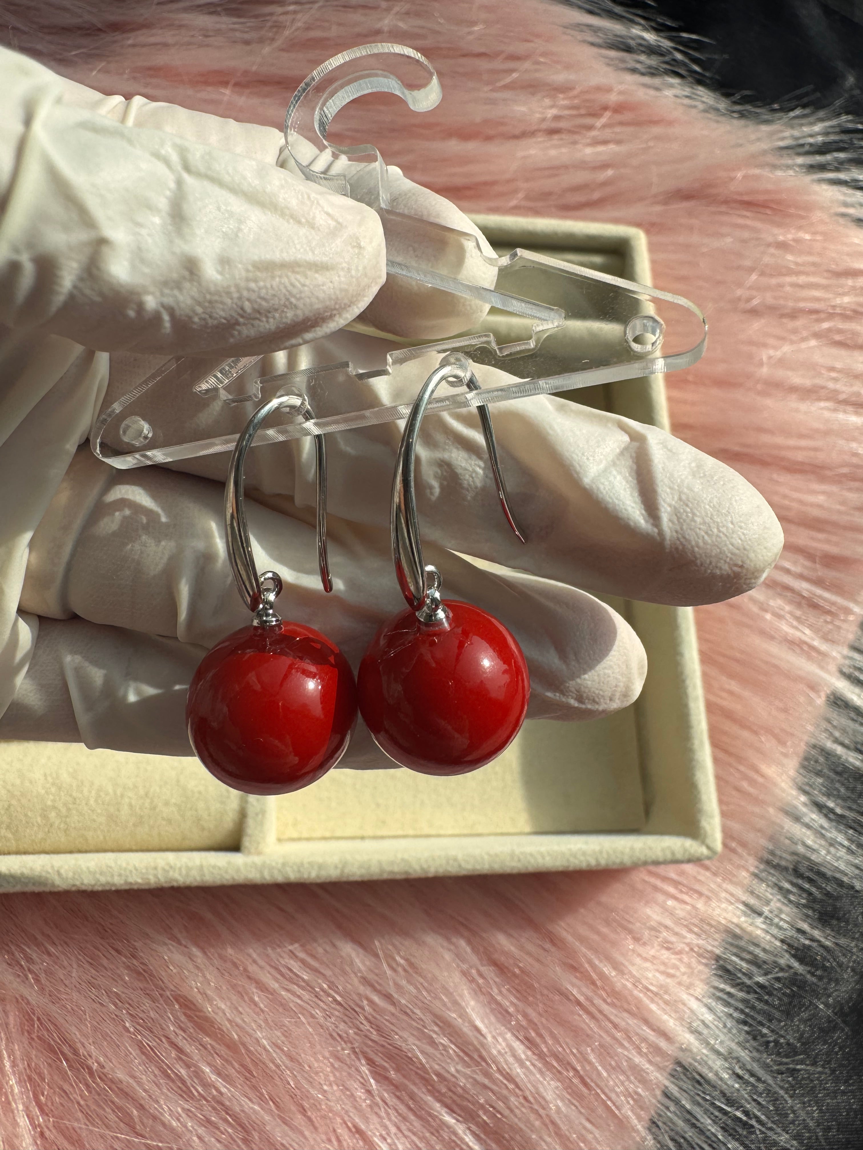 Scarlet Orb Silver Drop Earrings