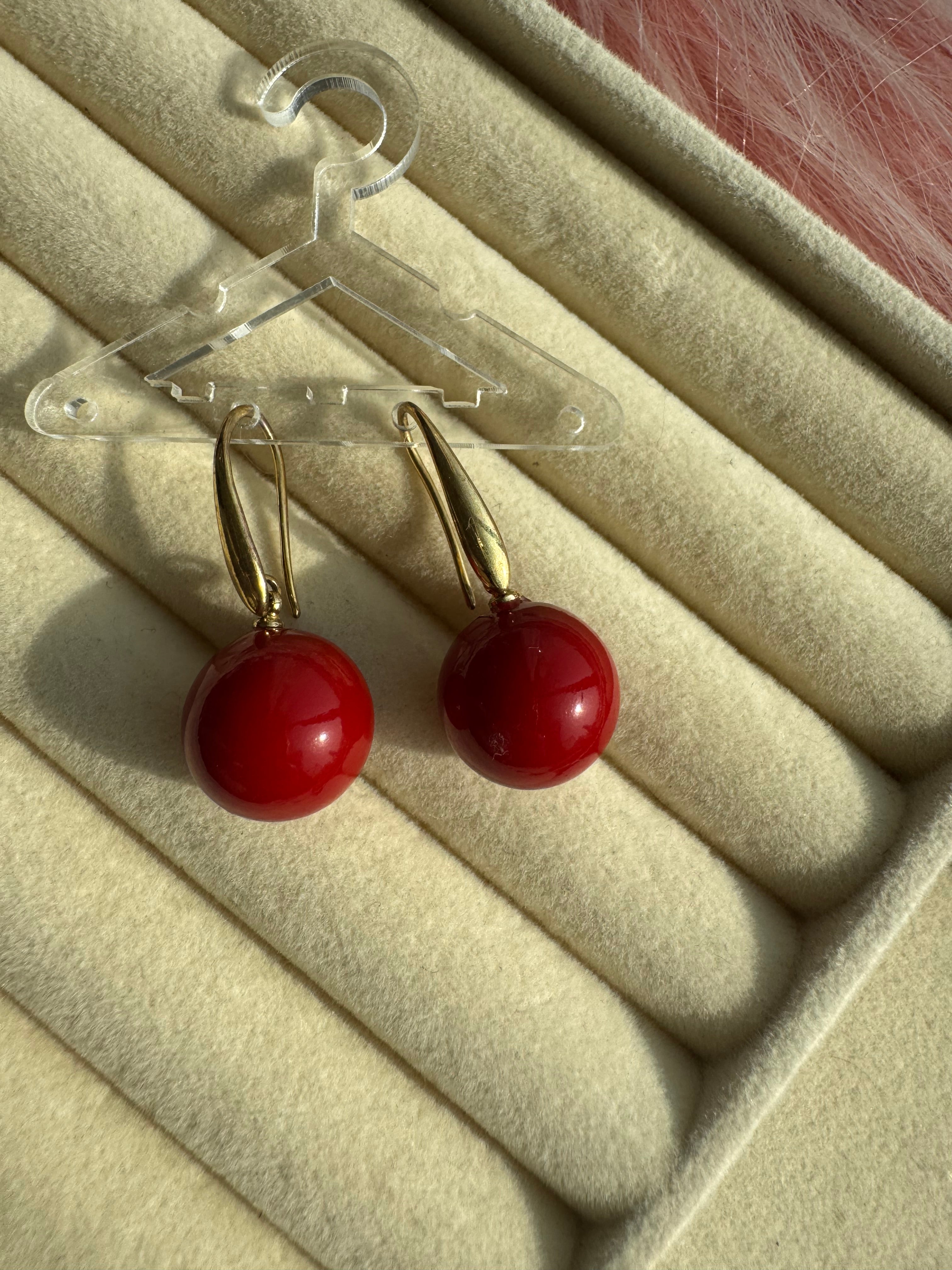 Scarlet Orb Gold Drop Earrings