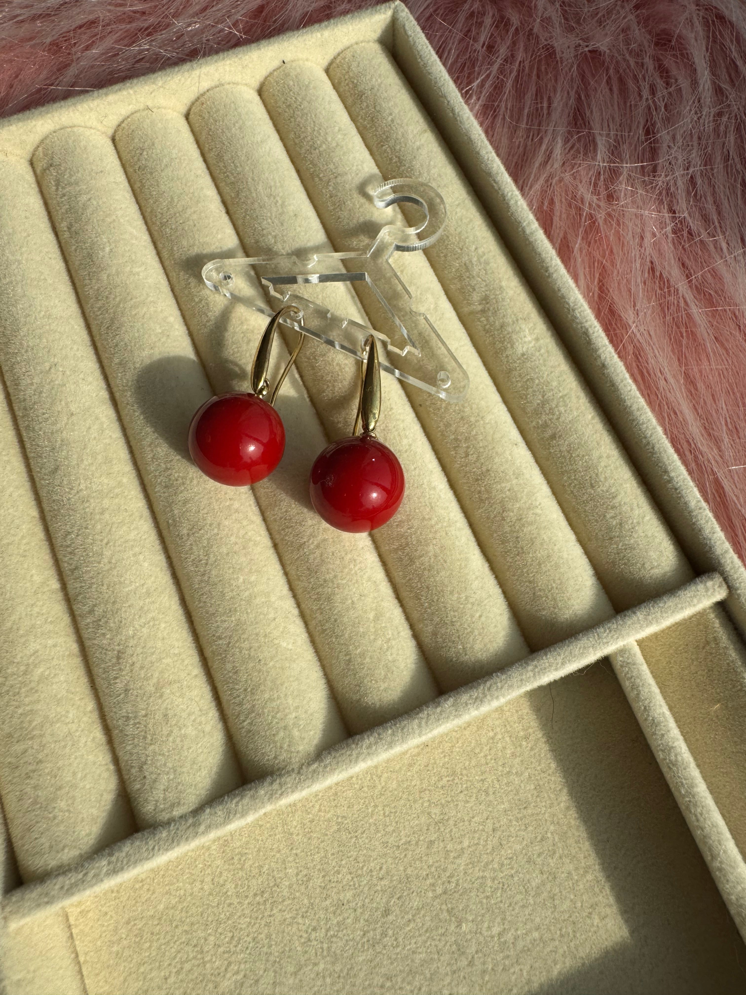Scarlet Orb Gold Drop Earrings