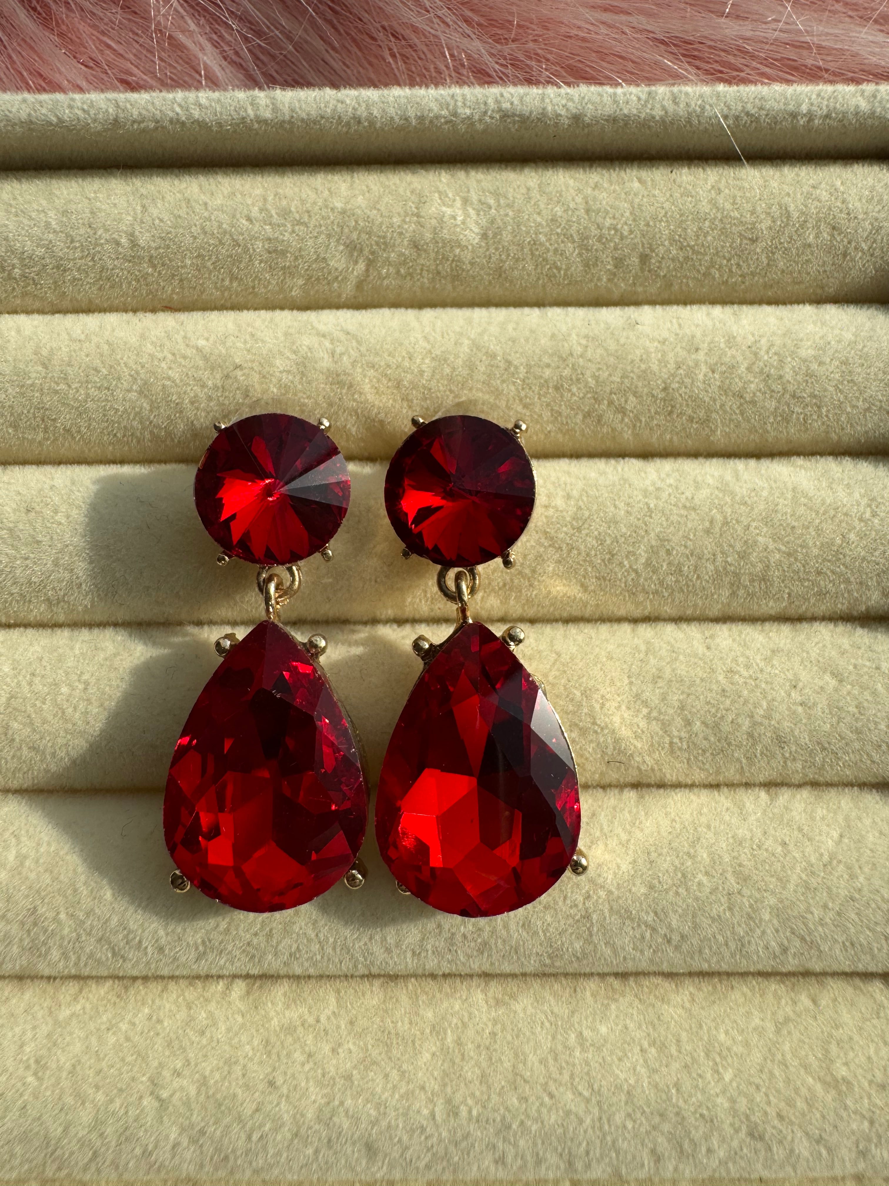 Crimson Ruby Teardrop Crystal Earrings