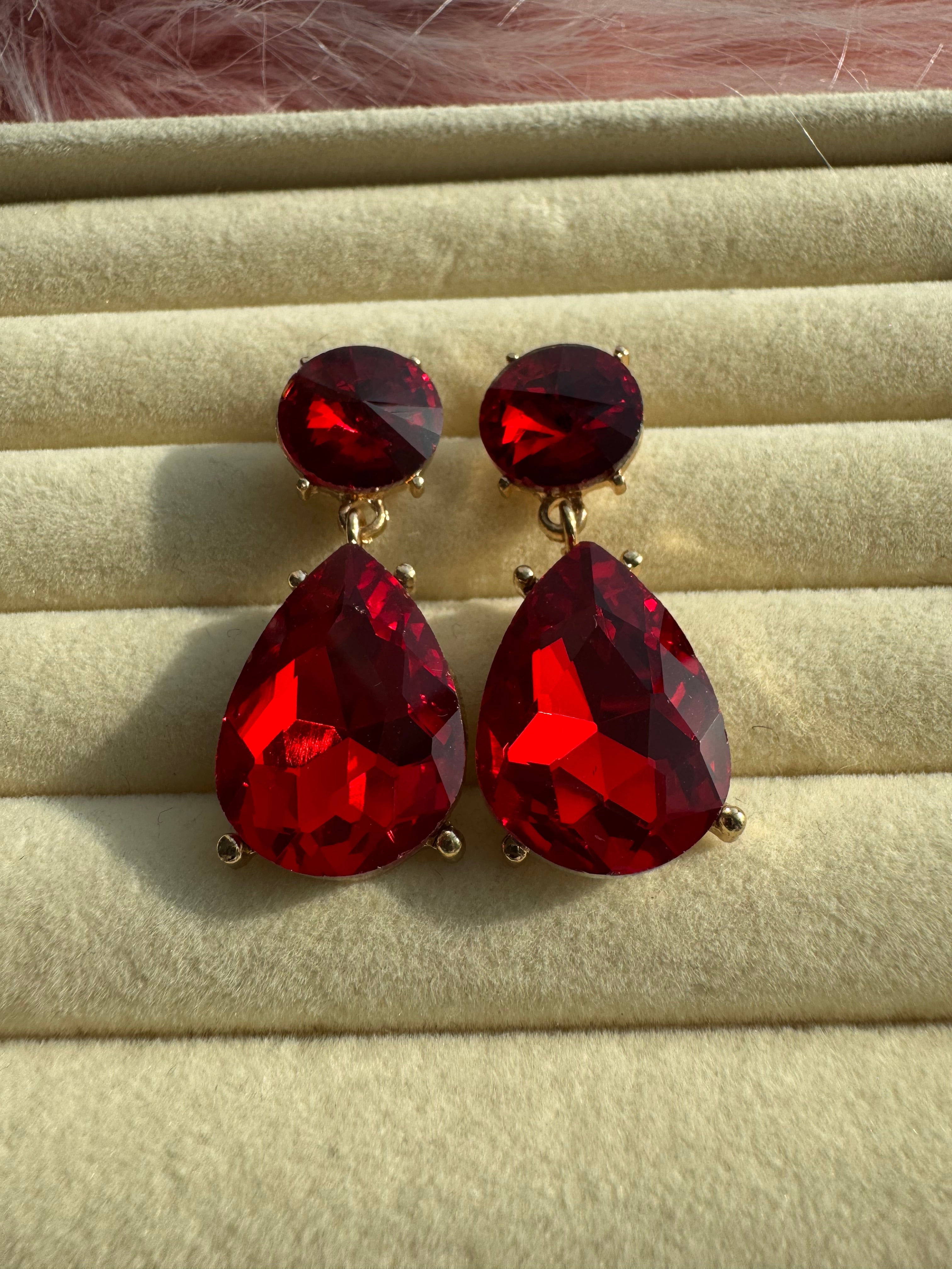 Crimson Ruby Teardrop Crystal Earrings