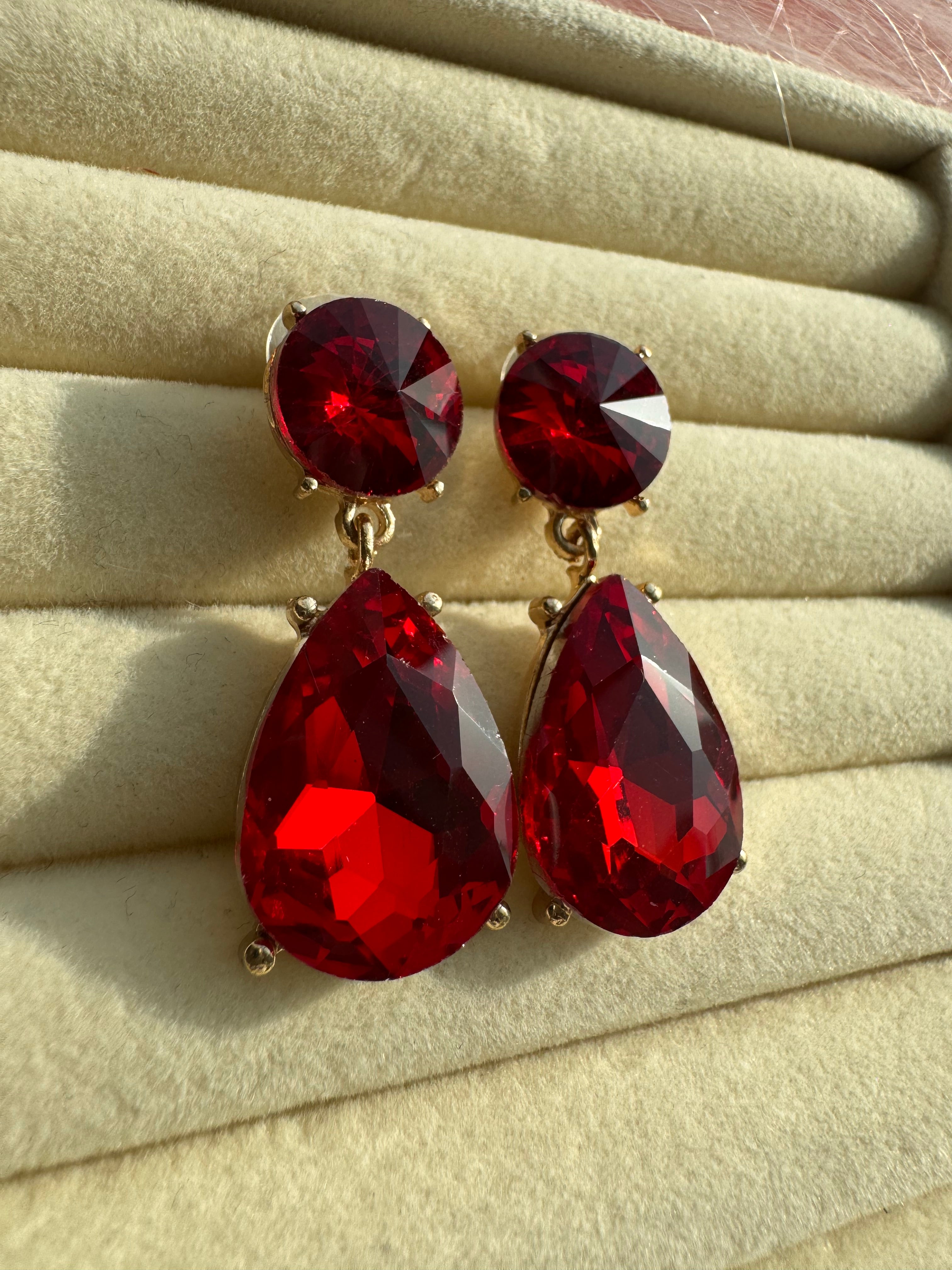 Crimson Ruby Teardrop Crystal Earrings