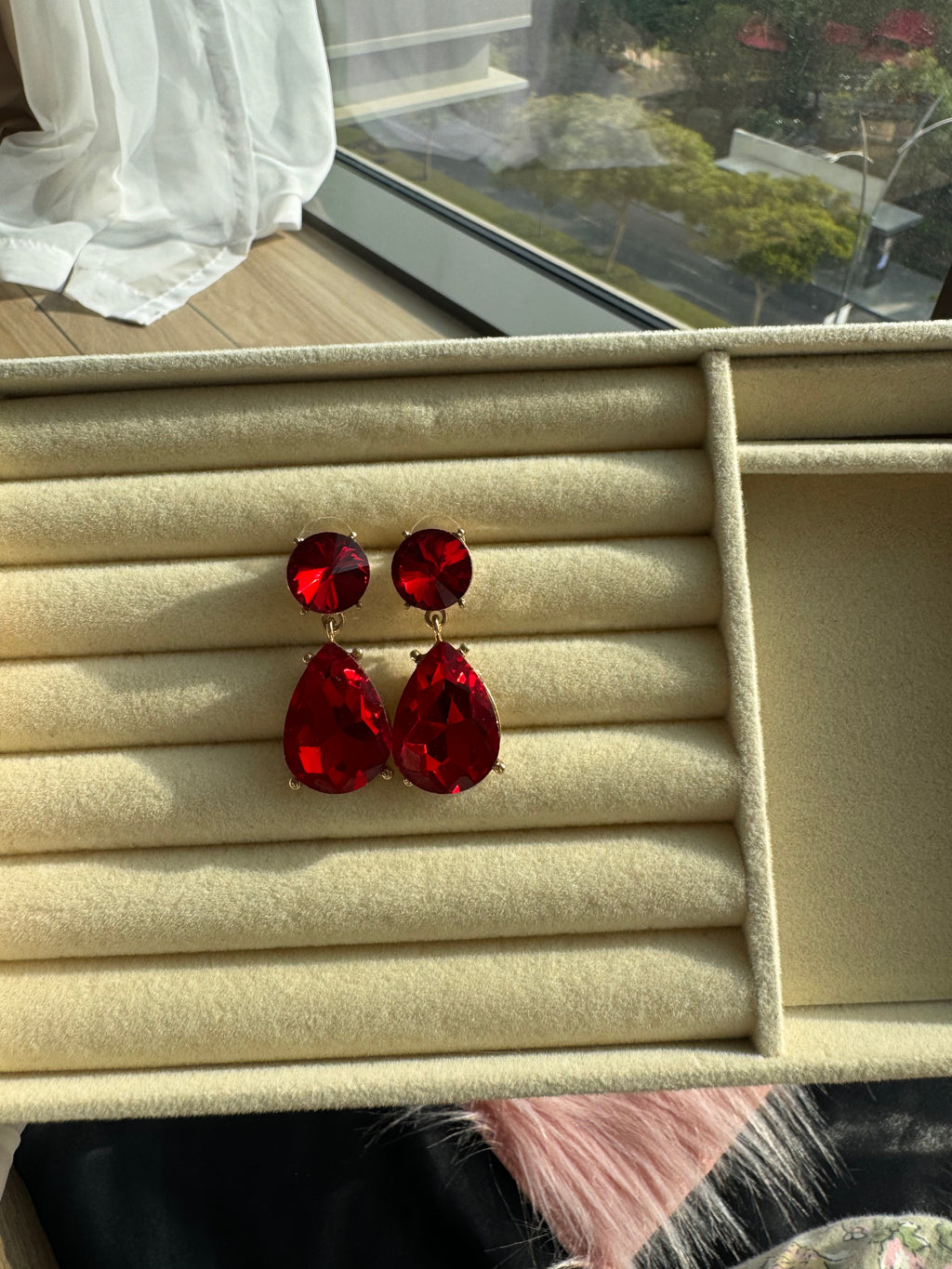 Crimson Ruby Teardrop Crystal Earrings