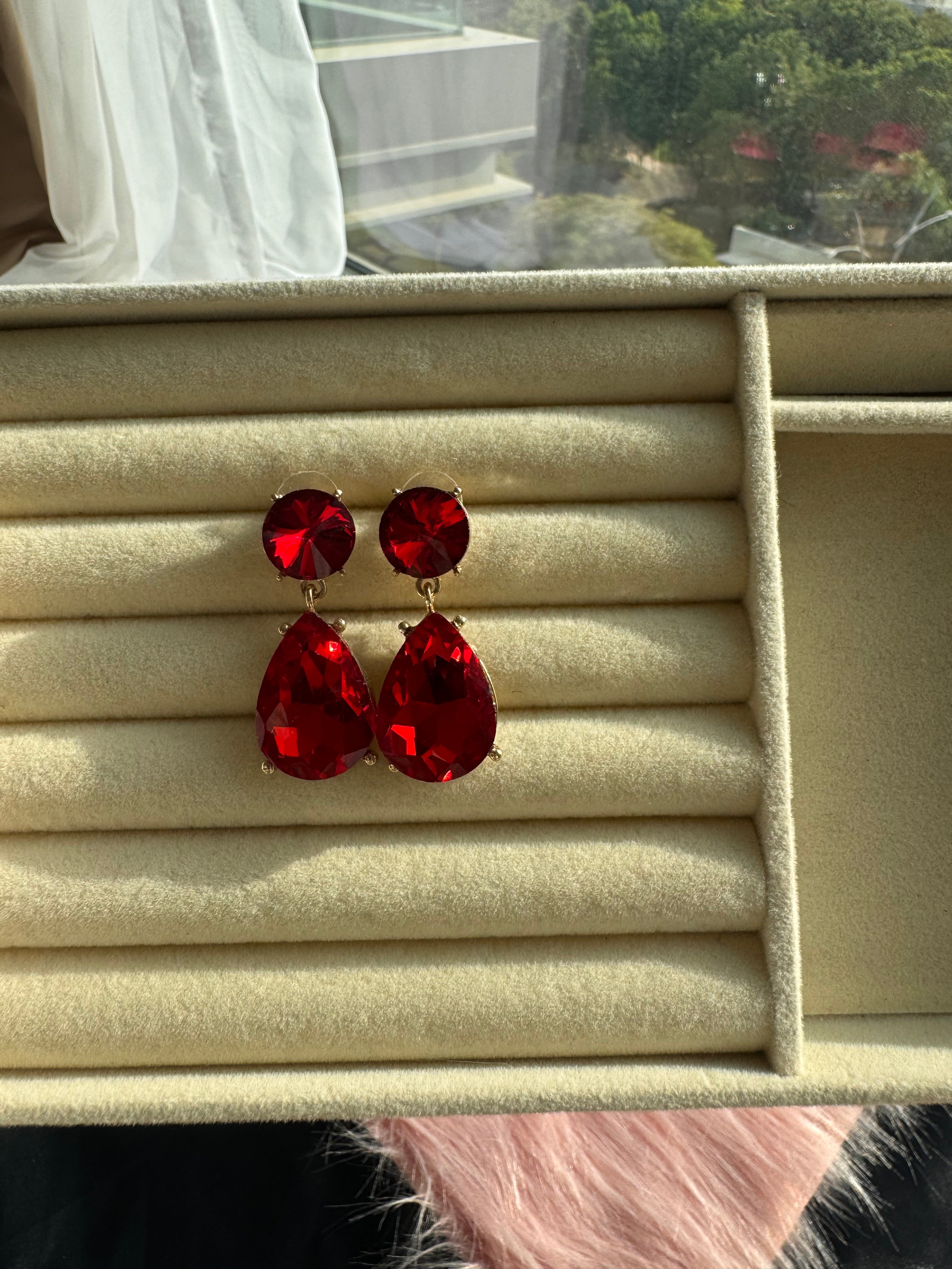 Crimson Ruby Teardrop Crystal Earrings