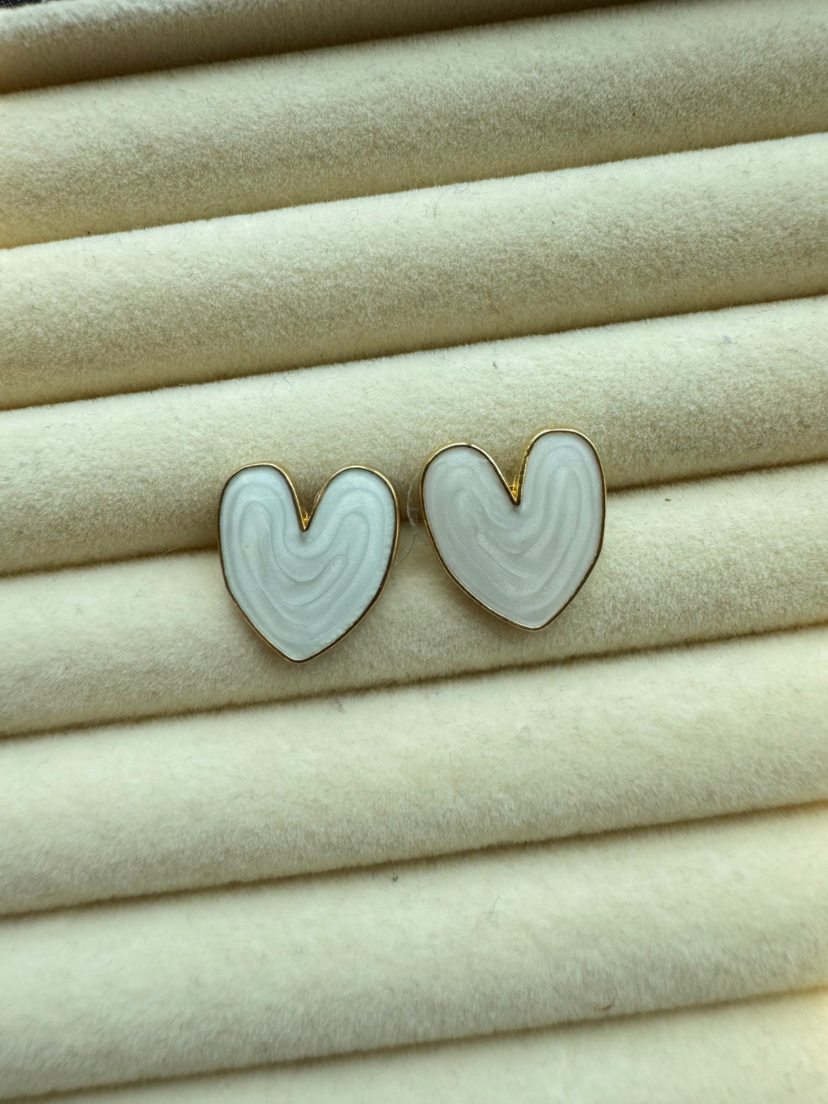 Heart-Shaped White Enamel Stud Earrings