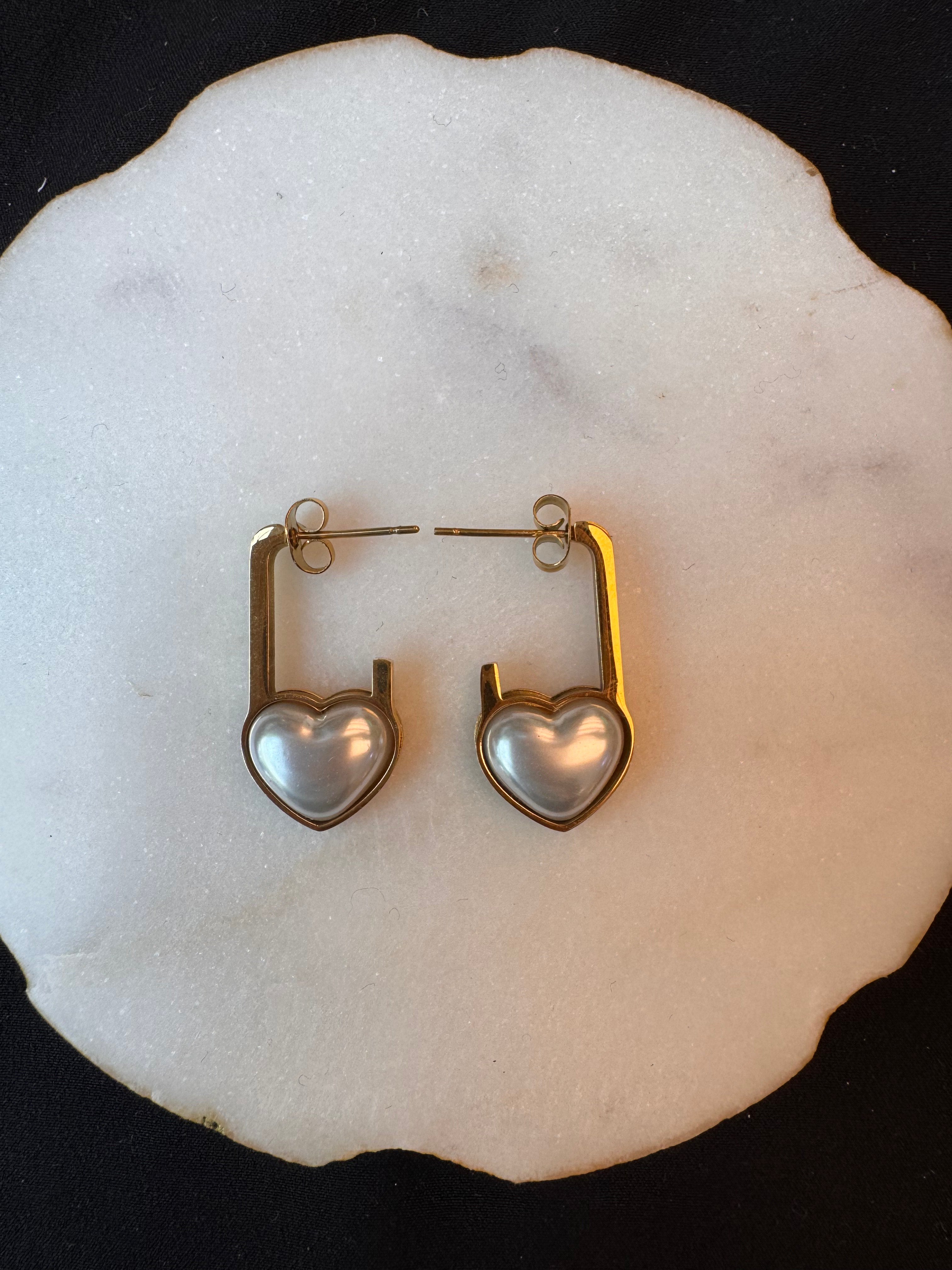 The Pearl-Lustre Padlock Heart Earrings