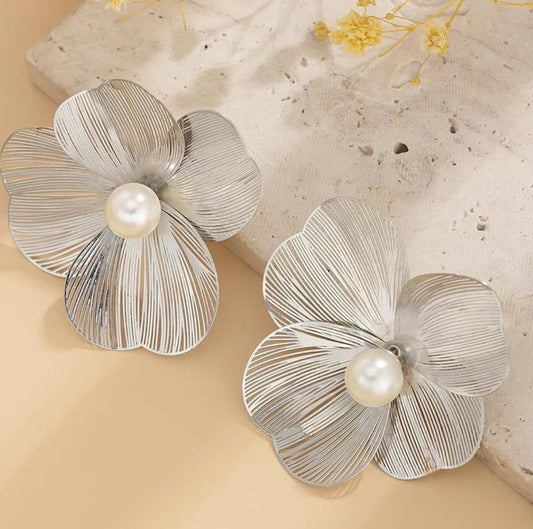 Silver Bloom Petal Earrings with Pearl Center