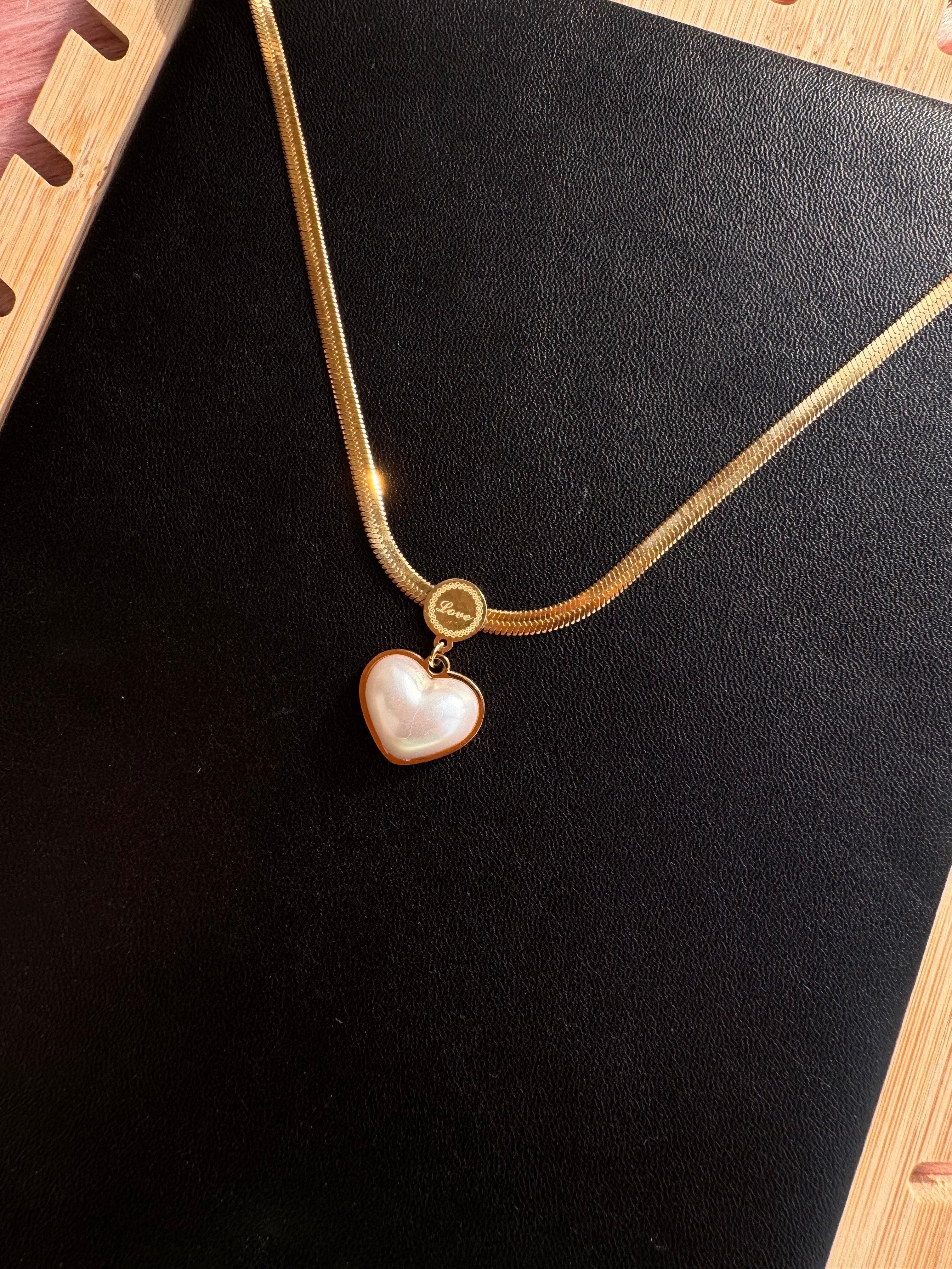 The Pearl-Lustre Vintage Heart Herringbone Necklace