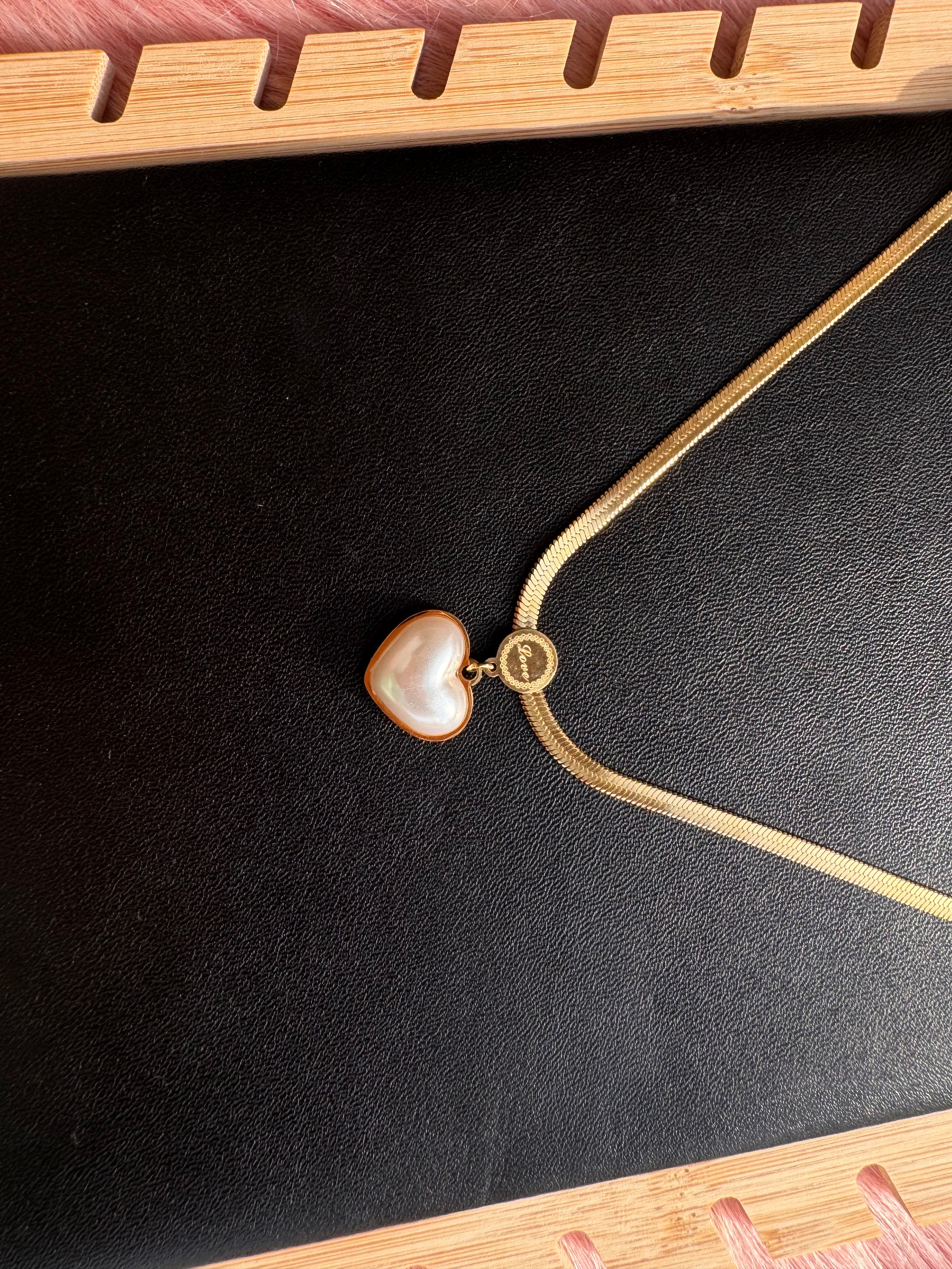 The Pearl-Lustre Vintage Heart Herringbone Necklace