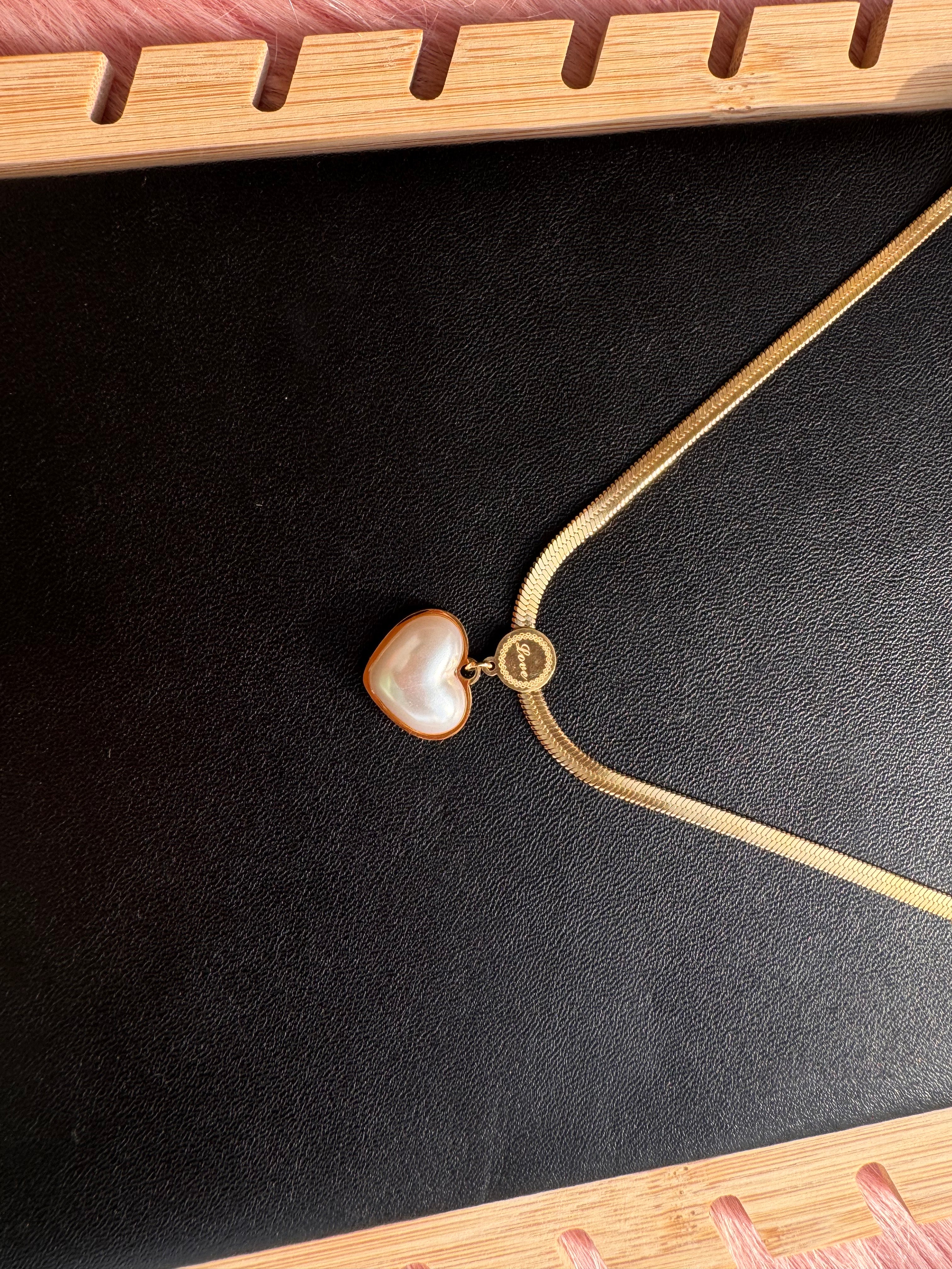 The Pearl-Lustre Vintage Heart Herringbone Necklace