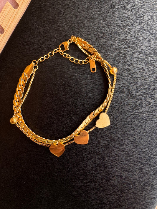 Layered Golden Heart Charm Bracelet