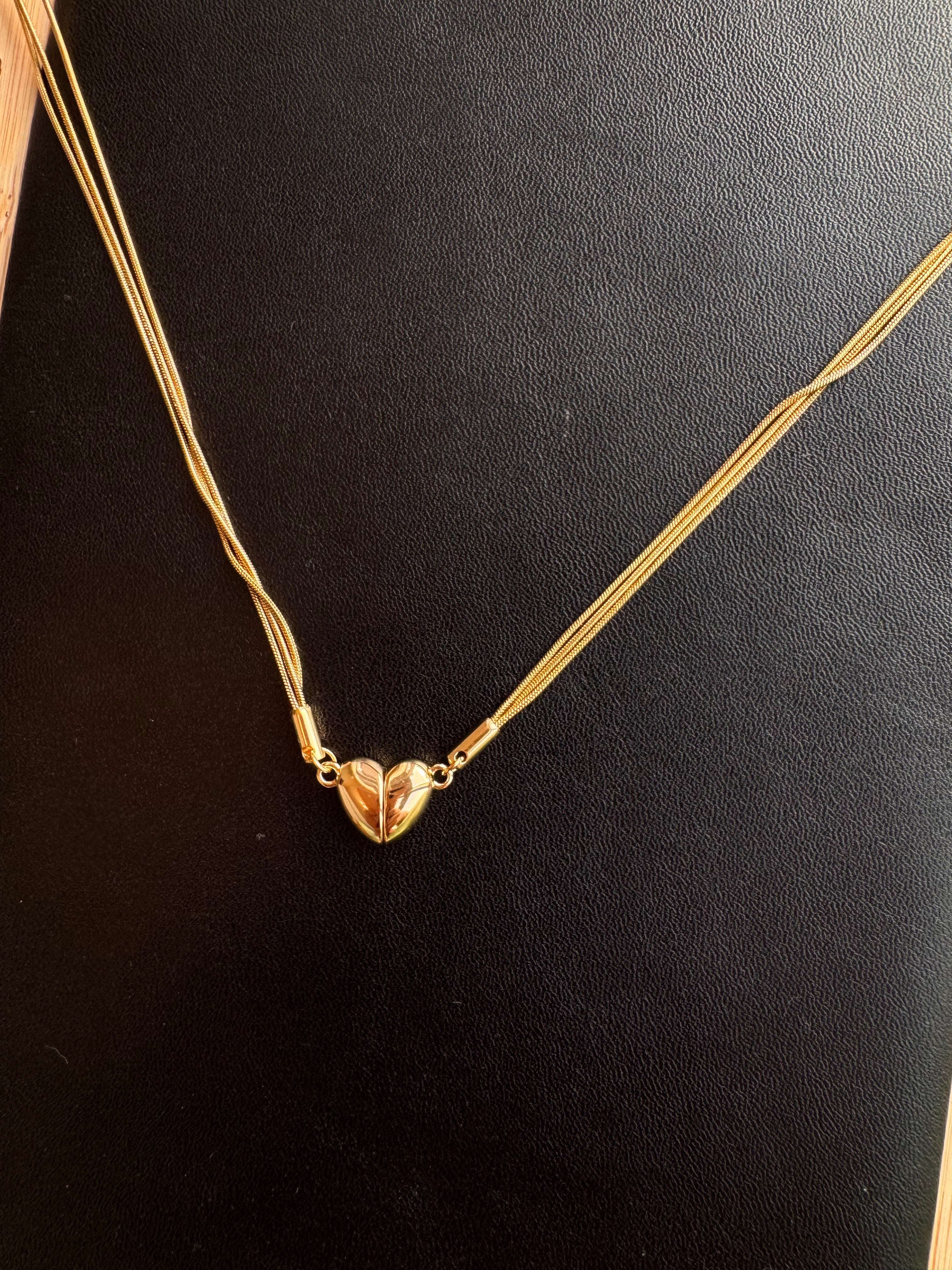 Triple Strand Metallic Heart Pendant Necklace