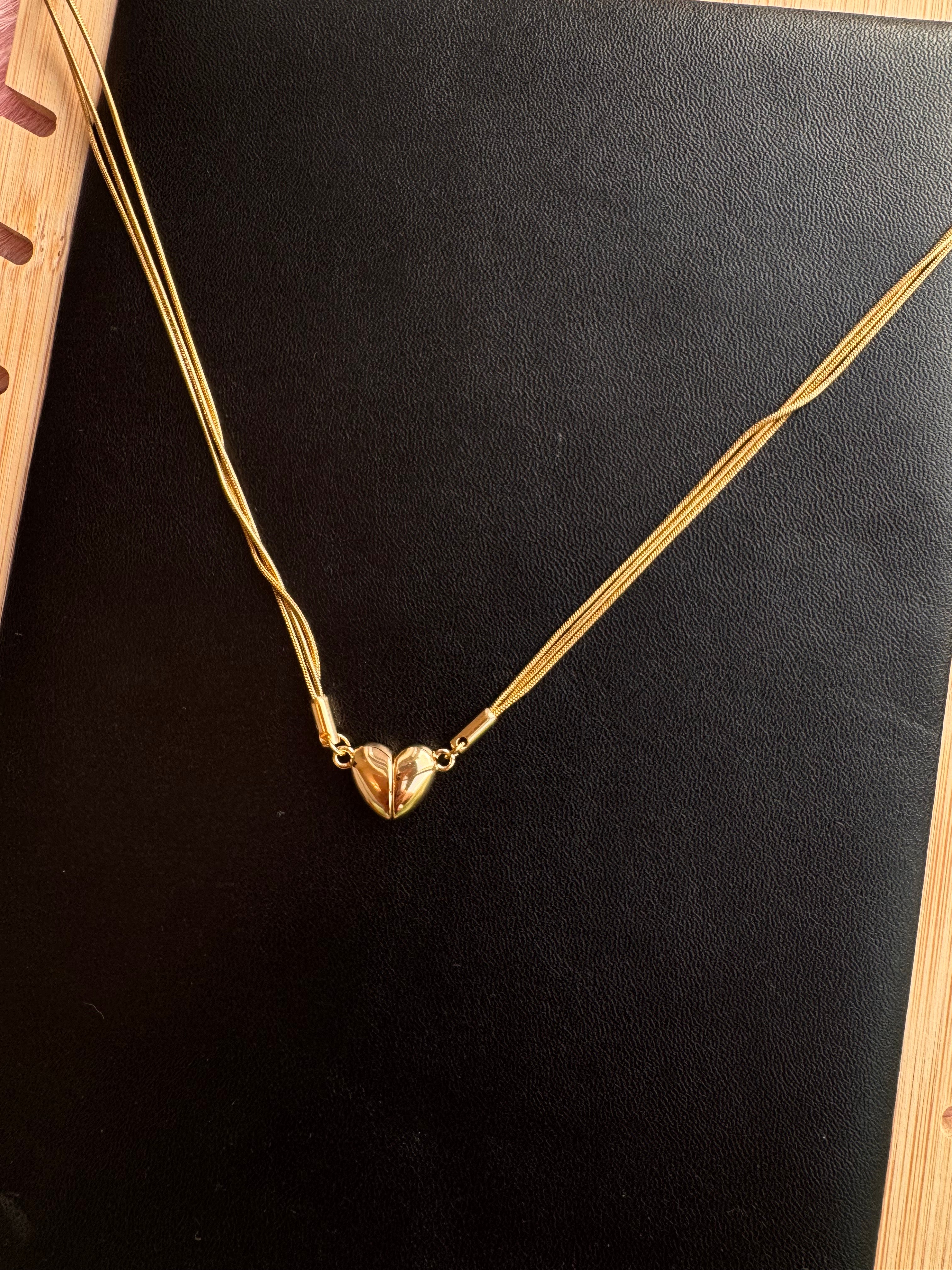 Triple Strand Metallic Heart Pendant Necklace
