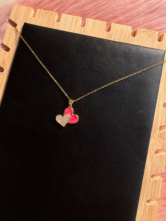 Twin Heart Pendant Necklace – Pink & Crystal