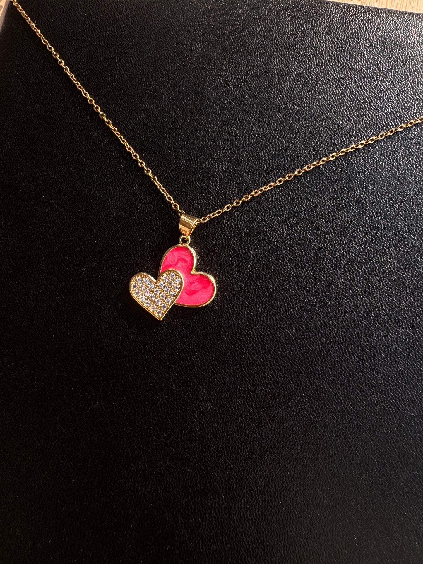 Twin Heart Pendant Necklace – Pink & Crystal
