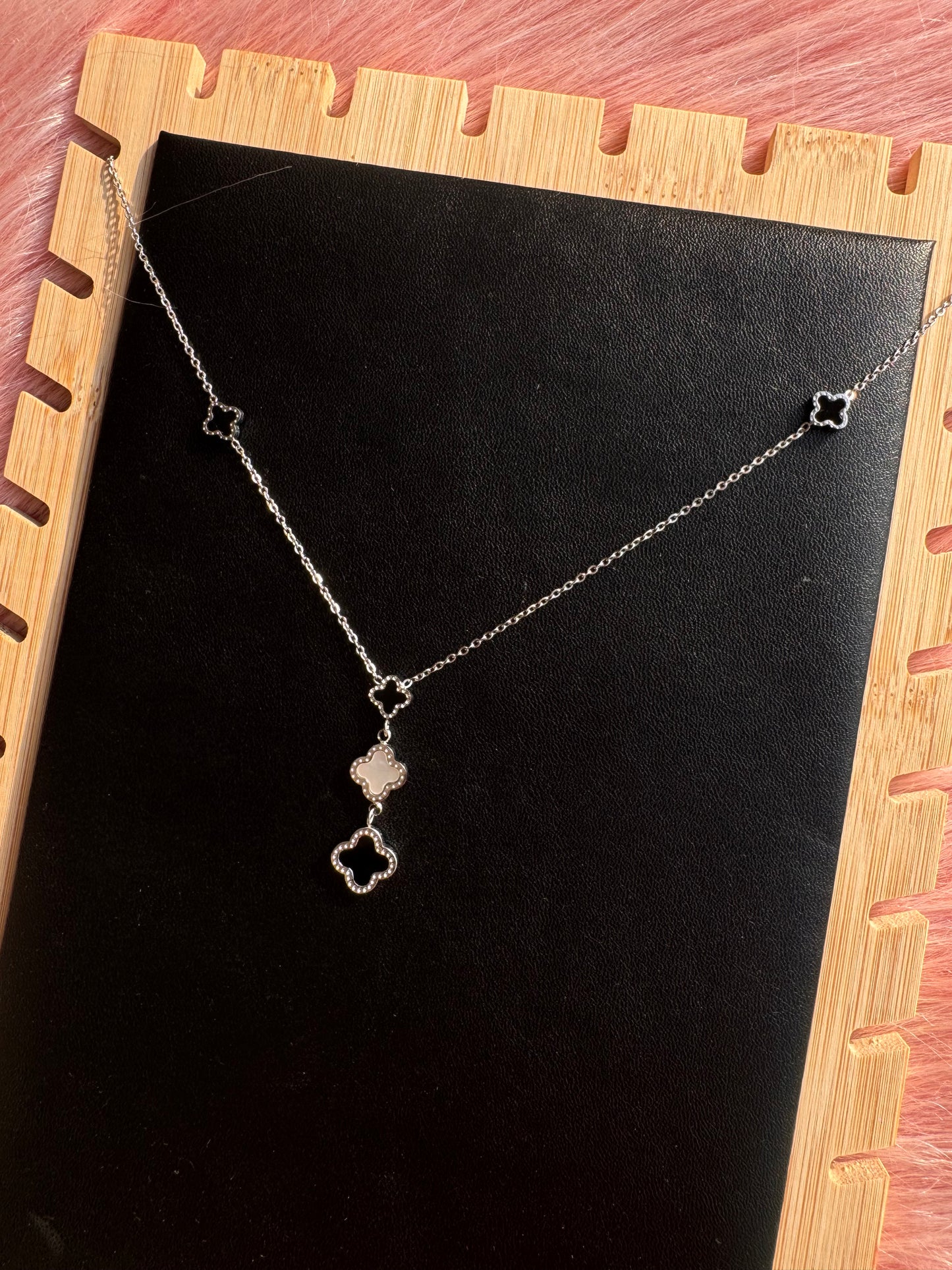 Silver Triple Clover Drop Necklace – Black & White Accents